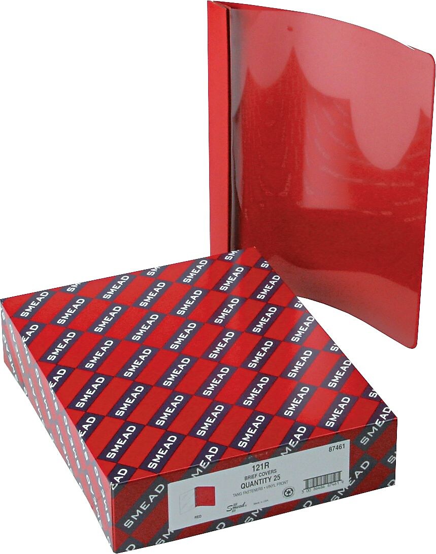 Smead Heavyweight Report Covers with Clear Front, 3-Prong, Letter Size, Red, 25/Box