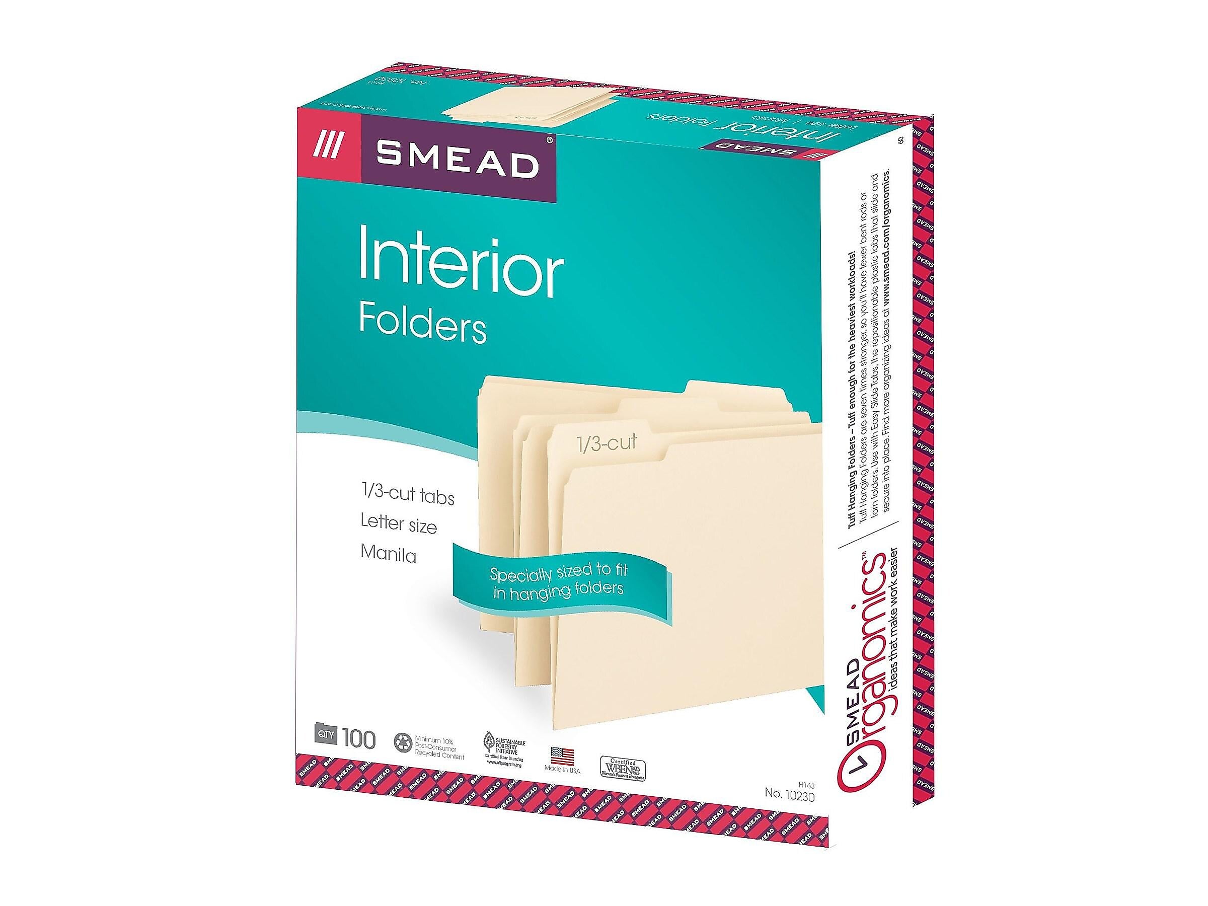 Smead Interior File Folders, 1/3-Cut Tab, Letter Size, Manila, 100/Box