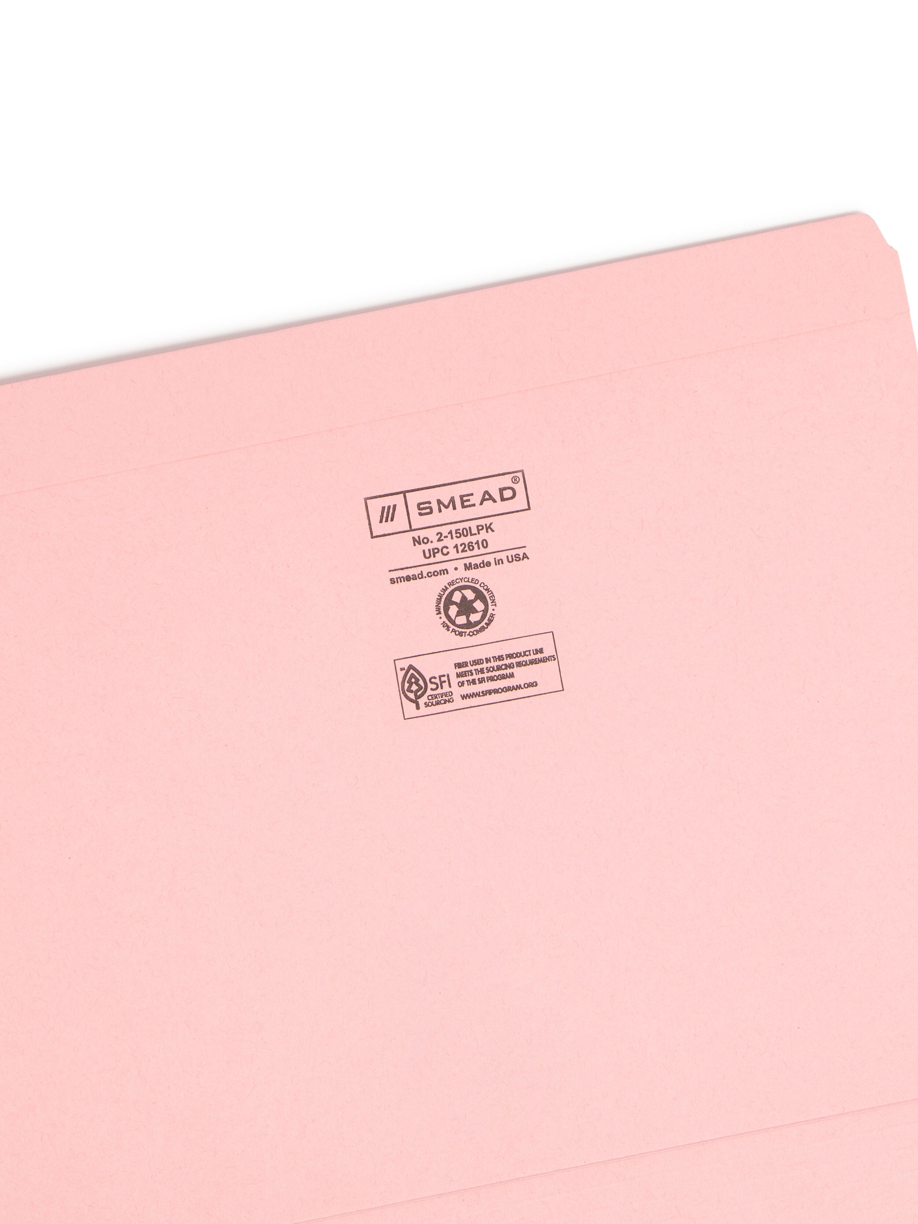 Smead Reinforced File Folder, Straight Cut, Letter Size, Pink, 100/Box