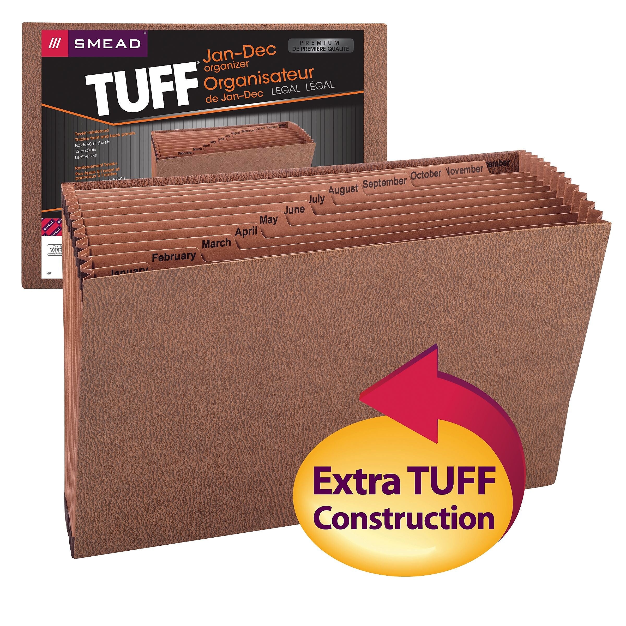 Smead TUFF 30 Box Bottom Standard Reinforced Redrope Accordion File, Monthly Index, 12 Pocket, Legal, Brown
