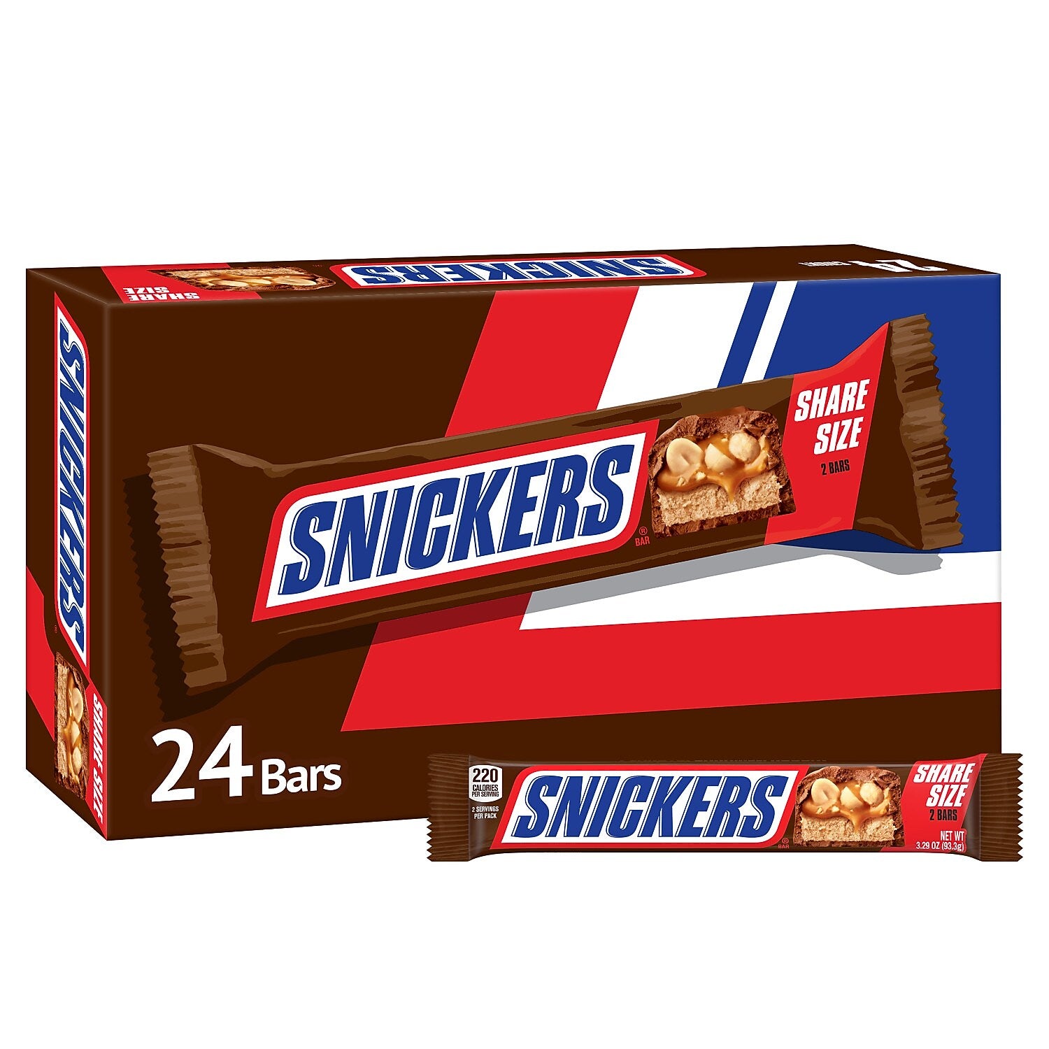 Snickers Sharing Size Milk Chocolate Candy Bars, 3.29 oz., 24/Box