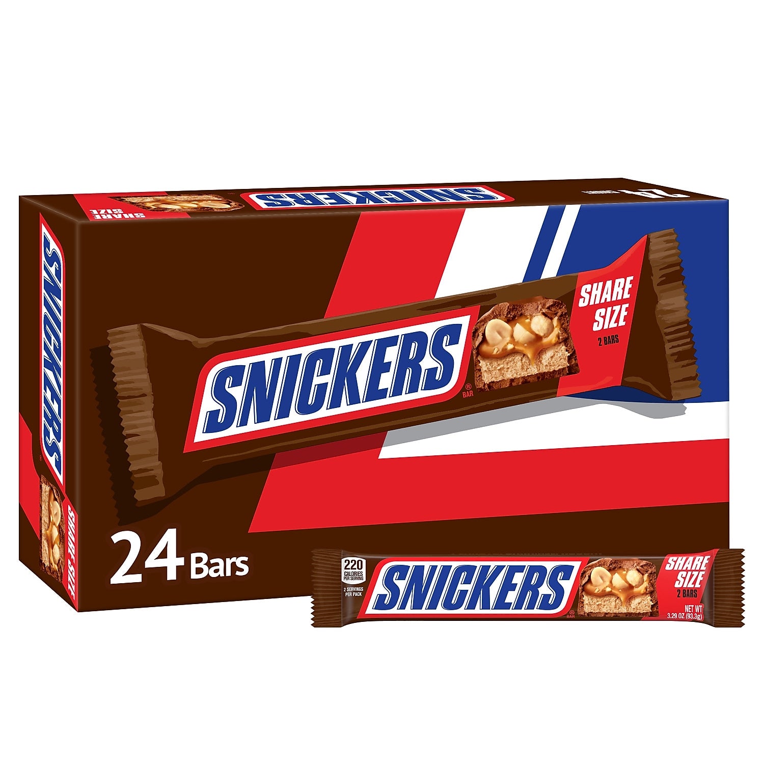 Snickers Sharing Size Milk Chocolate Candy Bars, 3.29 oz., 24/Box