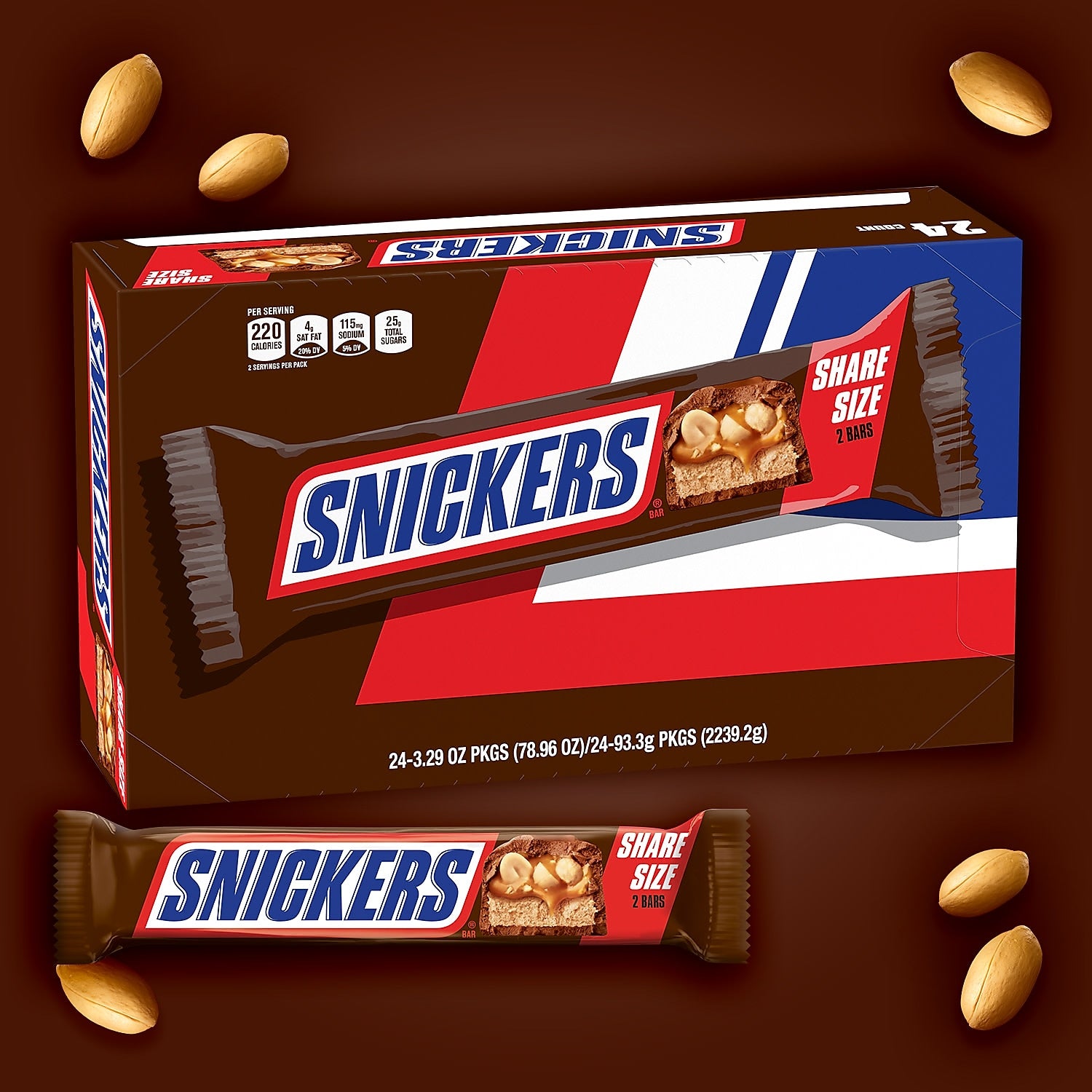 Snickers Sharing Size Milk Chocolate Candy Bars, 3.29 oz., 24/Box