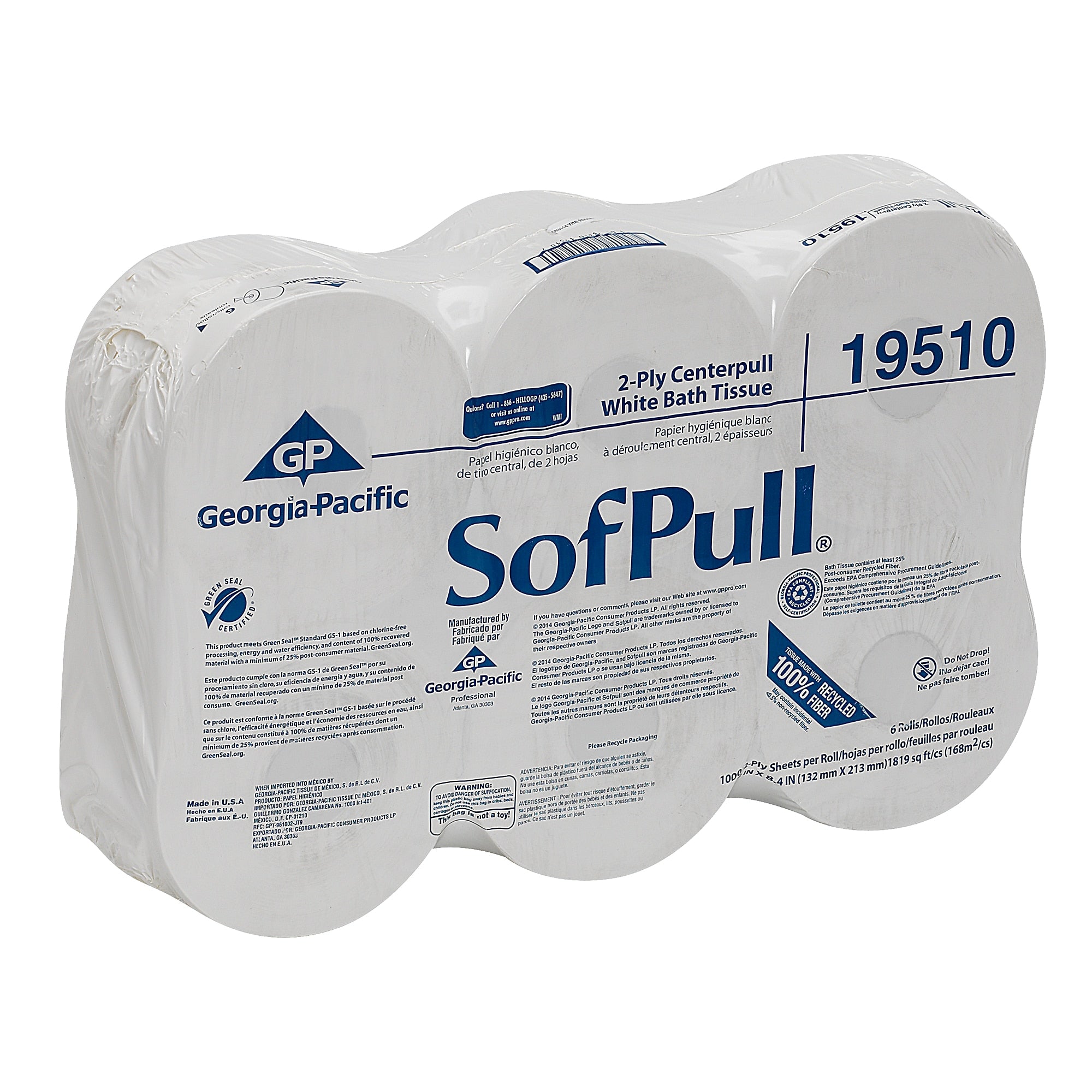 SofPull CenterPull Toilet Paper, 2-Ply, White, 1000 Sheets/Roll, 6 Rolls/Carton