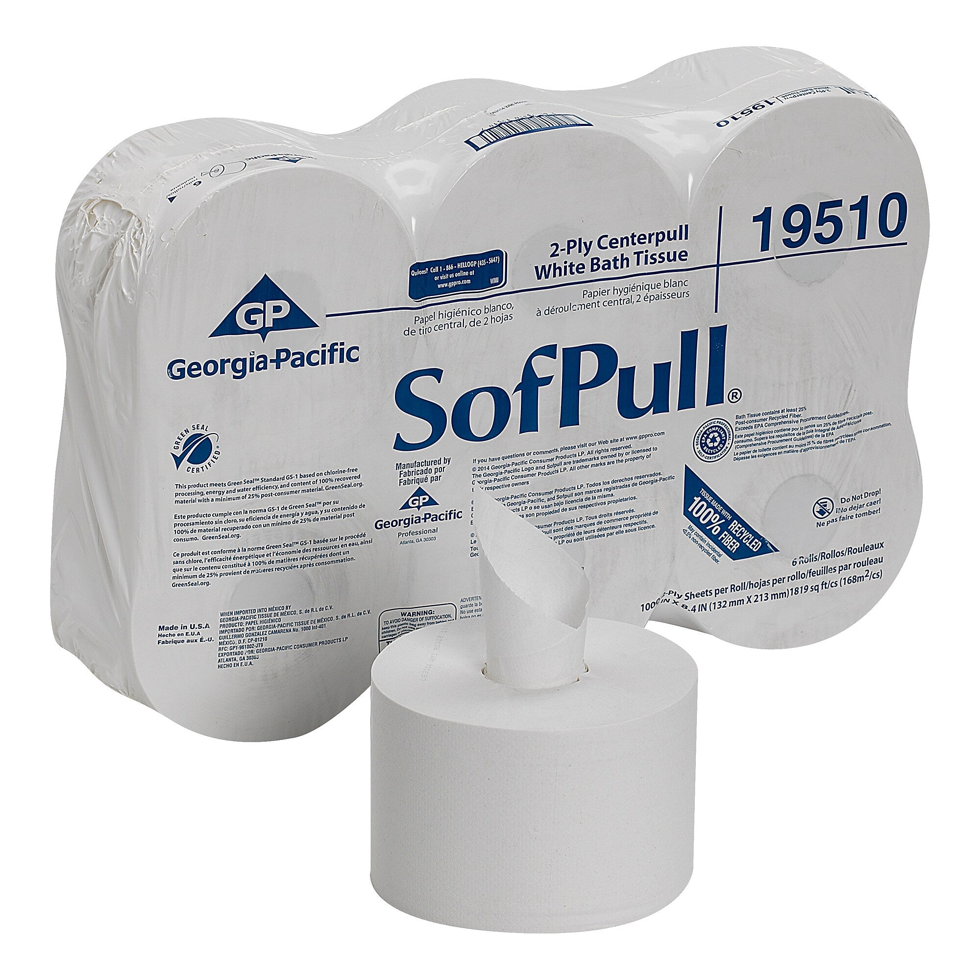 SofPull CenterPull Toilet Paper, 2-Ply, White, 1000 Sheets/Roll, 6 Rolls/Carton
