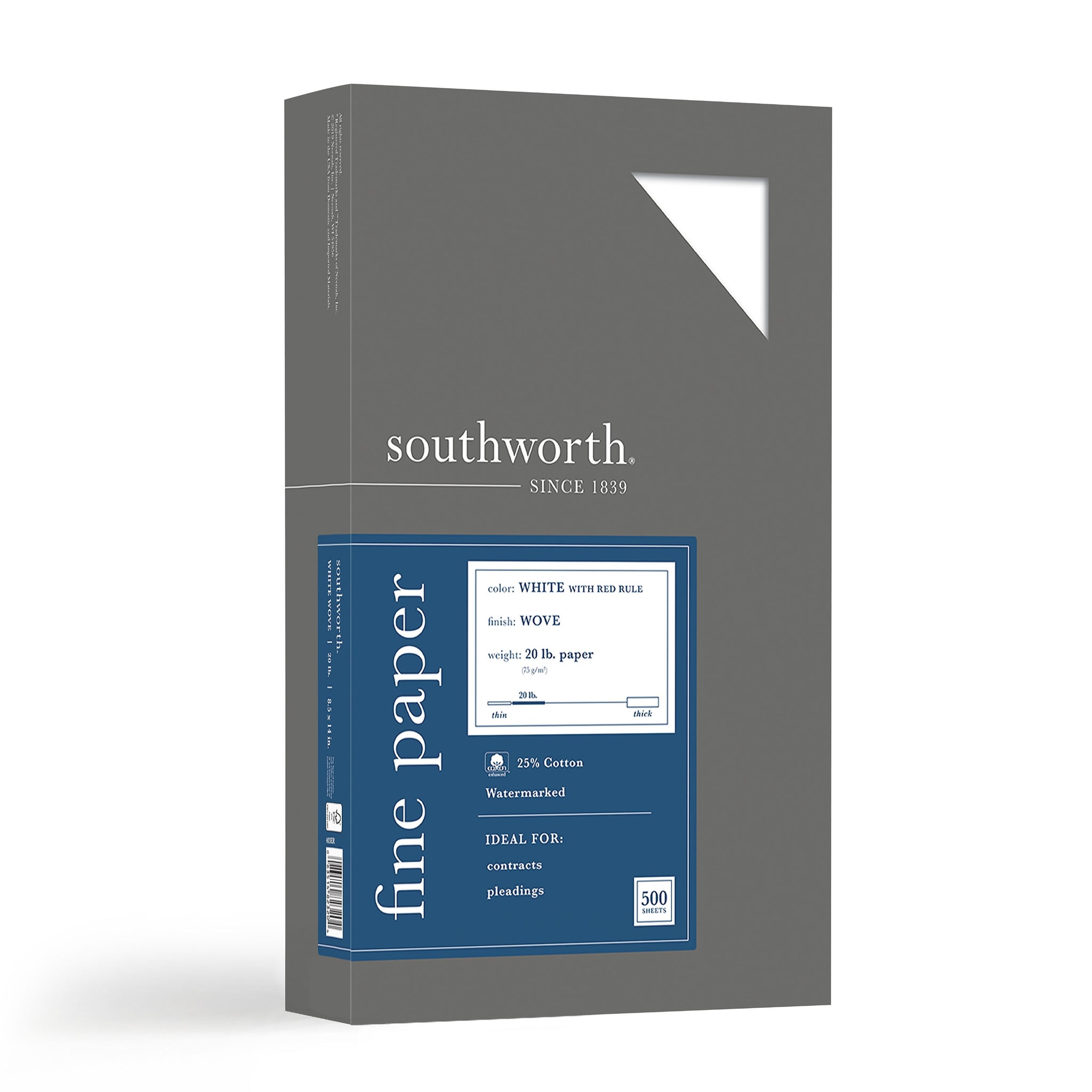 Southworth® 25% Cotton-Content Fine Business Paper, Legal Size, 20lb., Red Ruled, 500 Sheets/Box