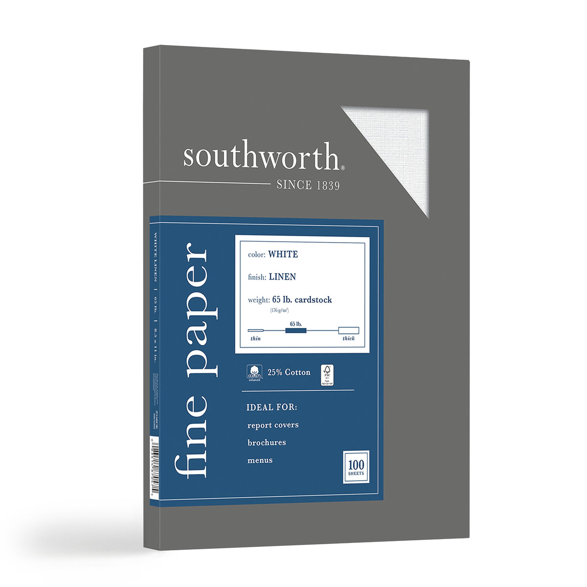 Southworth 8.5"W x 11"L Cover Paper, 65 lbs., Linen Finish, 100/Box