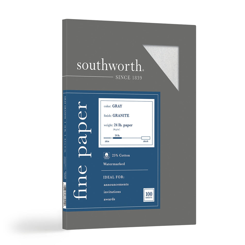 Southworth Granite Specialty Paper, 8.5" x 11", 24 lb., Smooth Finish, Gray, 100 Sheets/Box