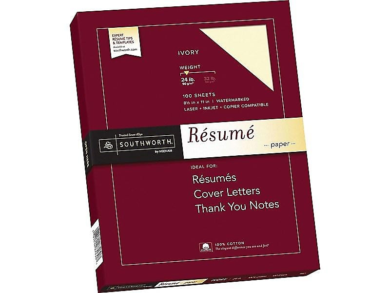 Southworth Resume Paper, 8.5" x 11", 24 lb., Wove-Finish, Ivory, 100 Sheets/Box