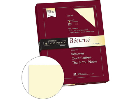 Southworth Resume Paper, 8.5" x 11", 24 lb., Wove-Finish, Ivory, 100 Sheets/Box