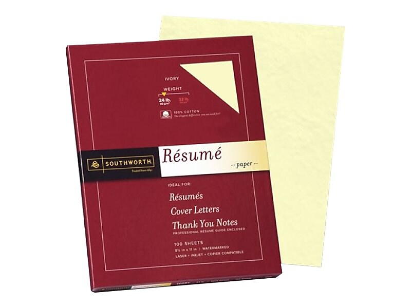 Southworth Resume Paper, 8.5" x 11", 24 lb., Wove-Finish, Ivory, 100 Sheets/Box