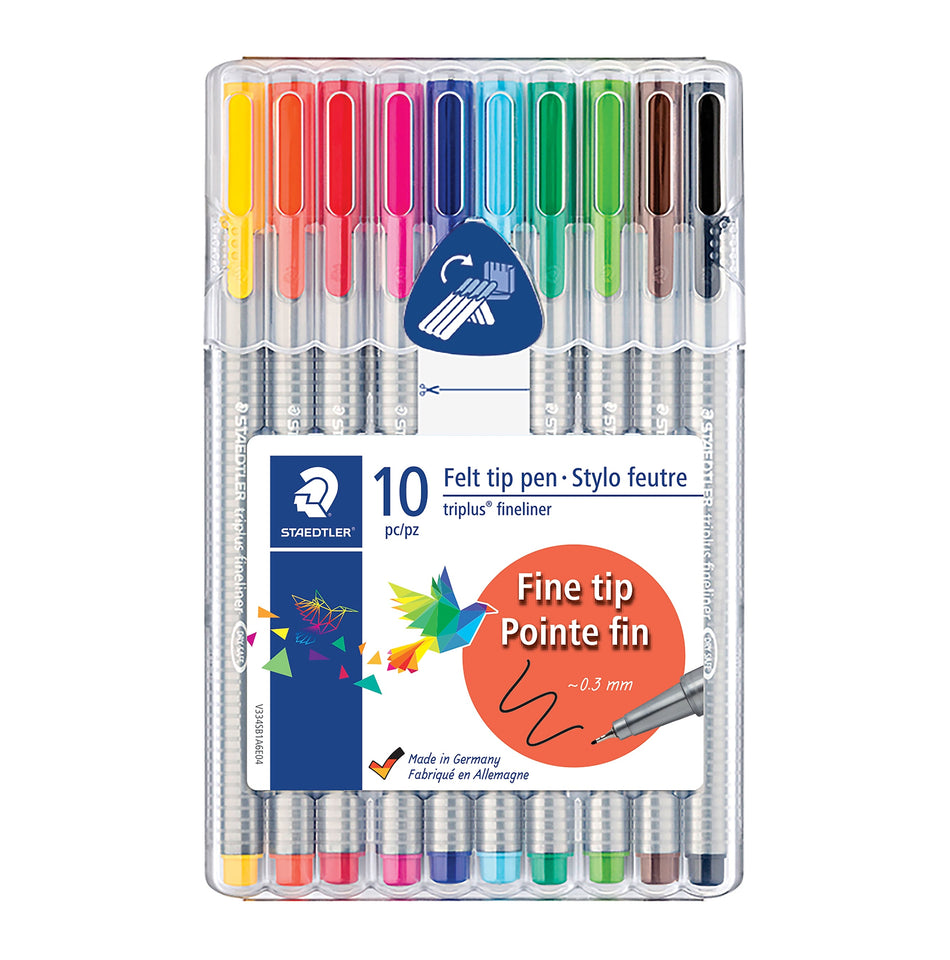 Staedtler triplus Fineliner 334 Felt Pens, Super Fine Point, Assorted Ink, 10 Pack