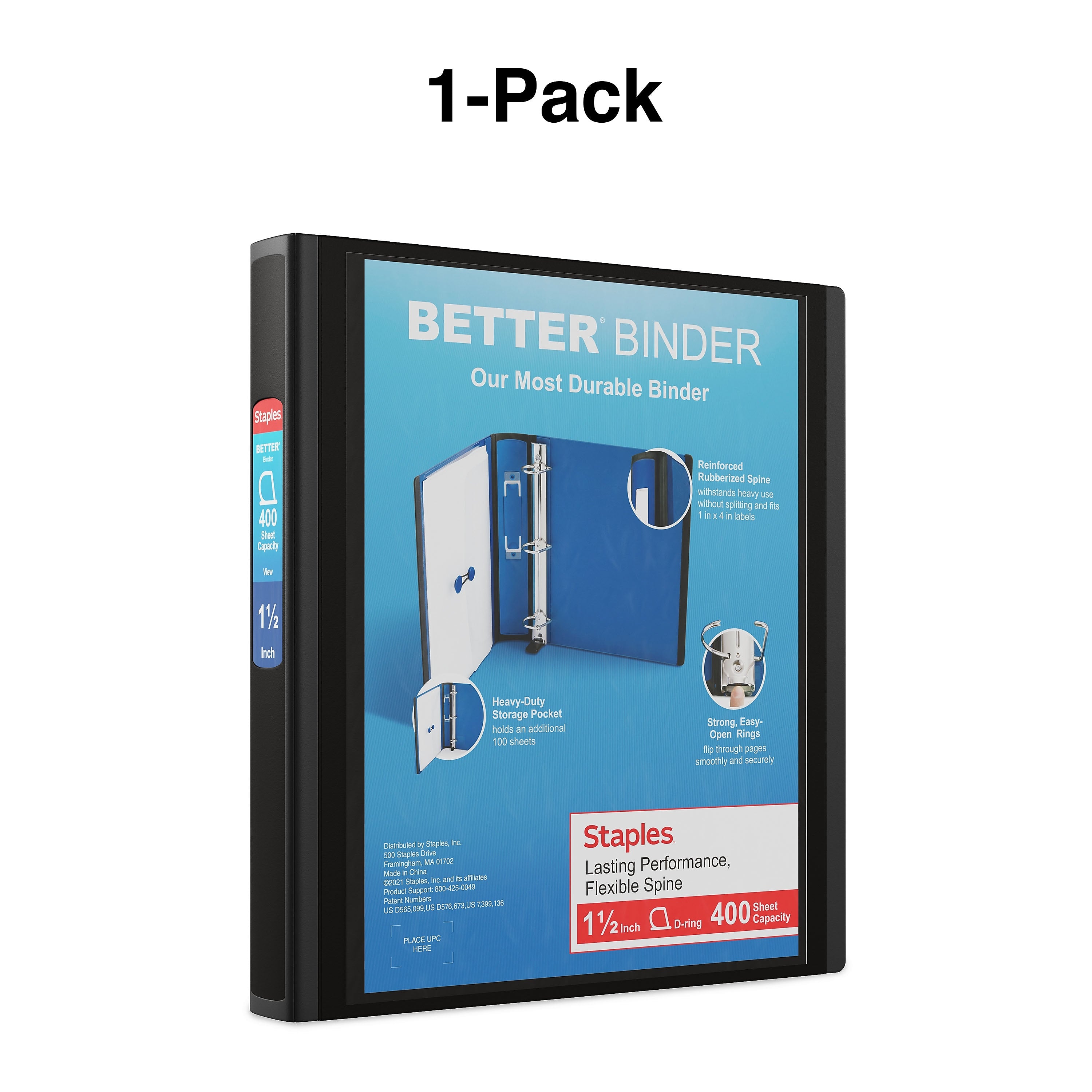 Staples 1 1/2" 3-Ring Better Binder, D-Ring, Black