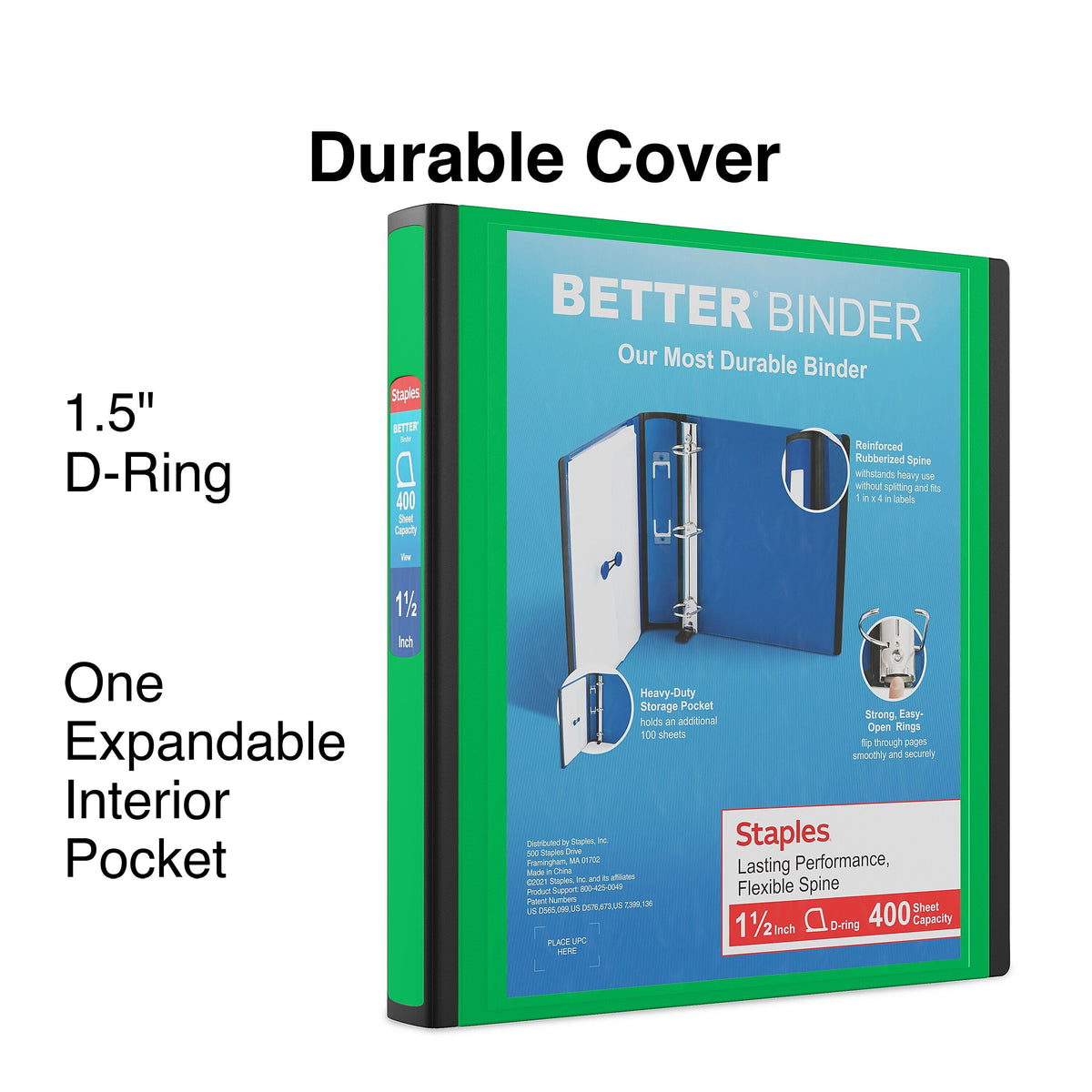 Staples 1 1/2" 3-Ring Better Binder, D-Ring, Green