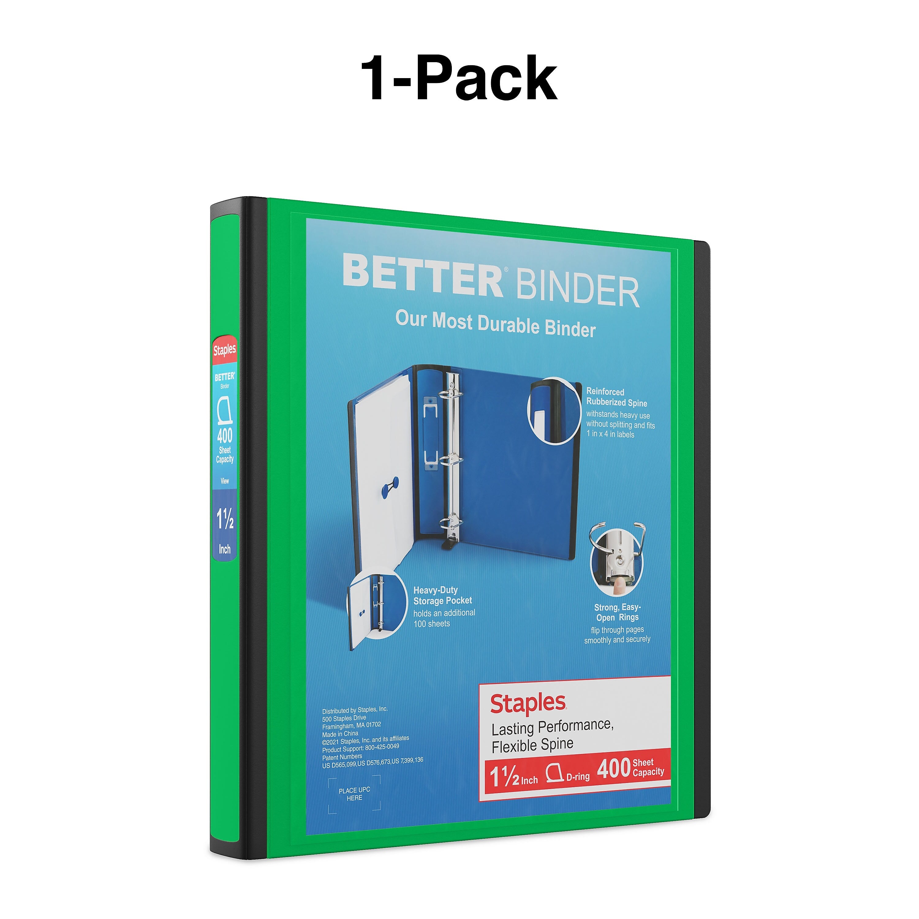 Staples 1 1/2" 3-Ring Better Binder, D-Ring, Green