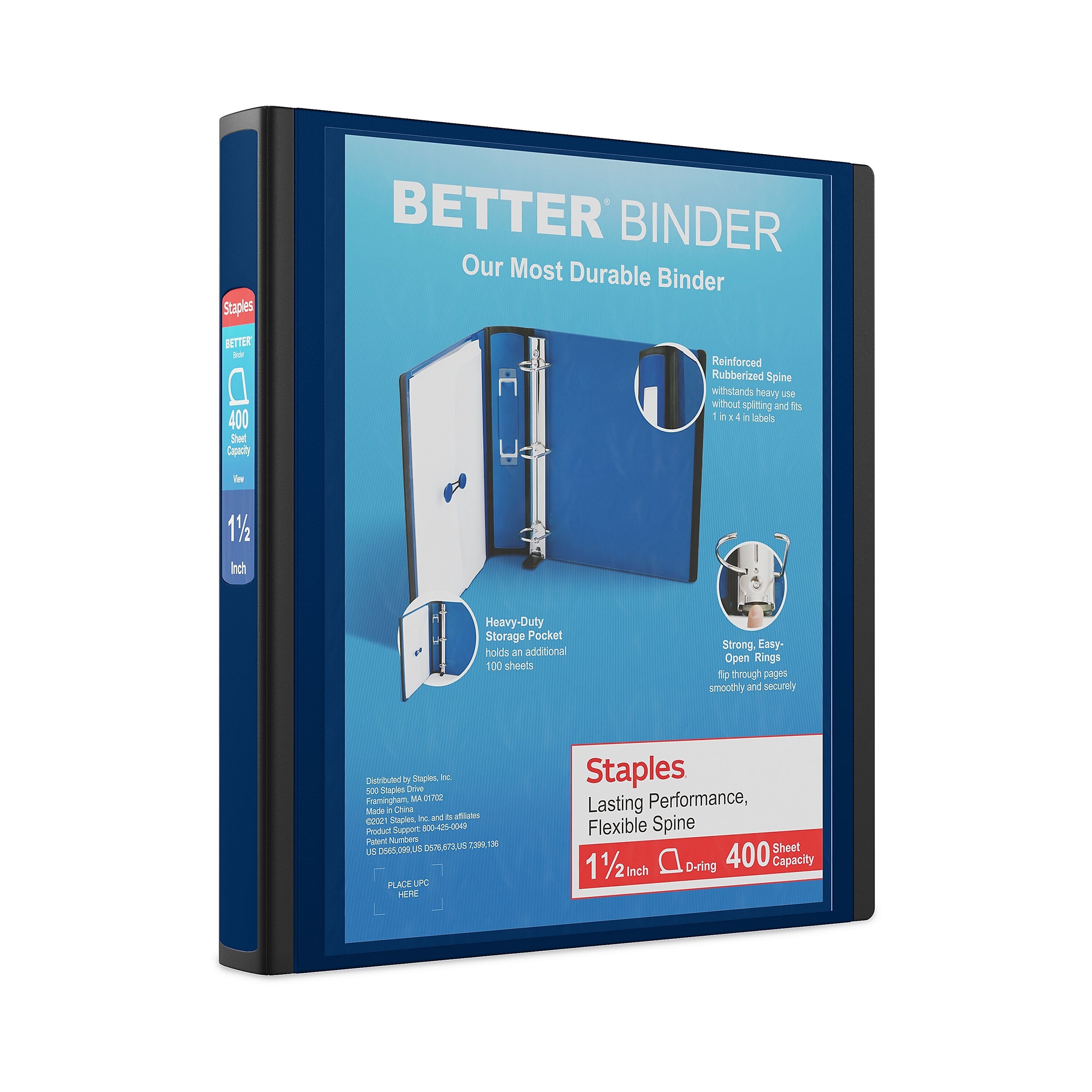 Staples 1 1/2" 3-Ring Better Binder, D-Ring, Navy Blue