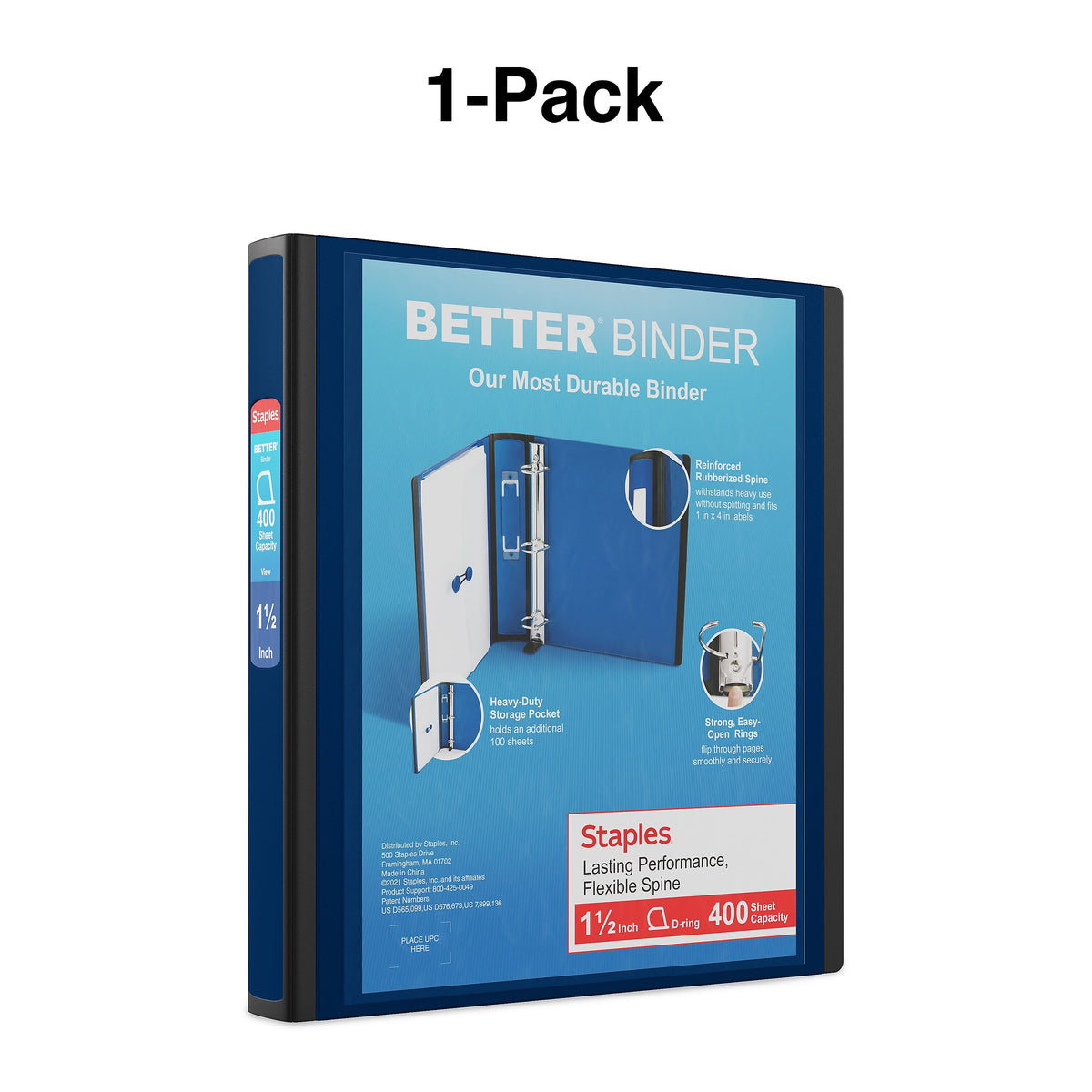 Staples 1 1/2" 3-Ring Better Binder, D-Ring, Navy Blue