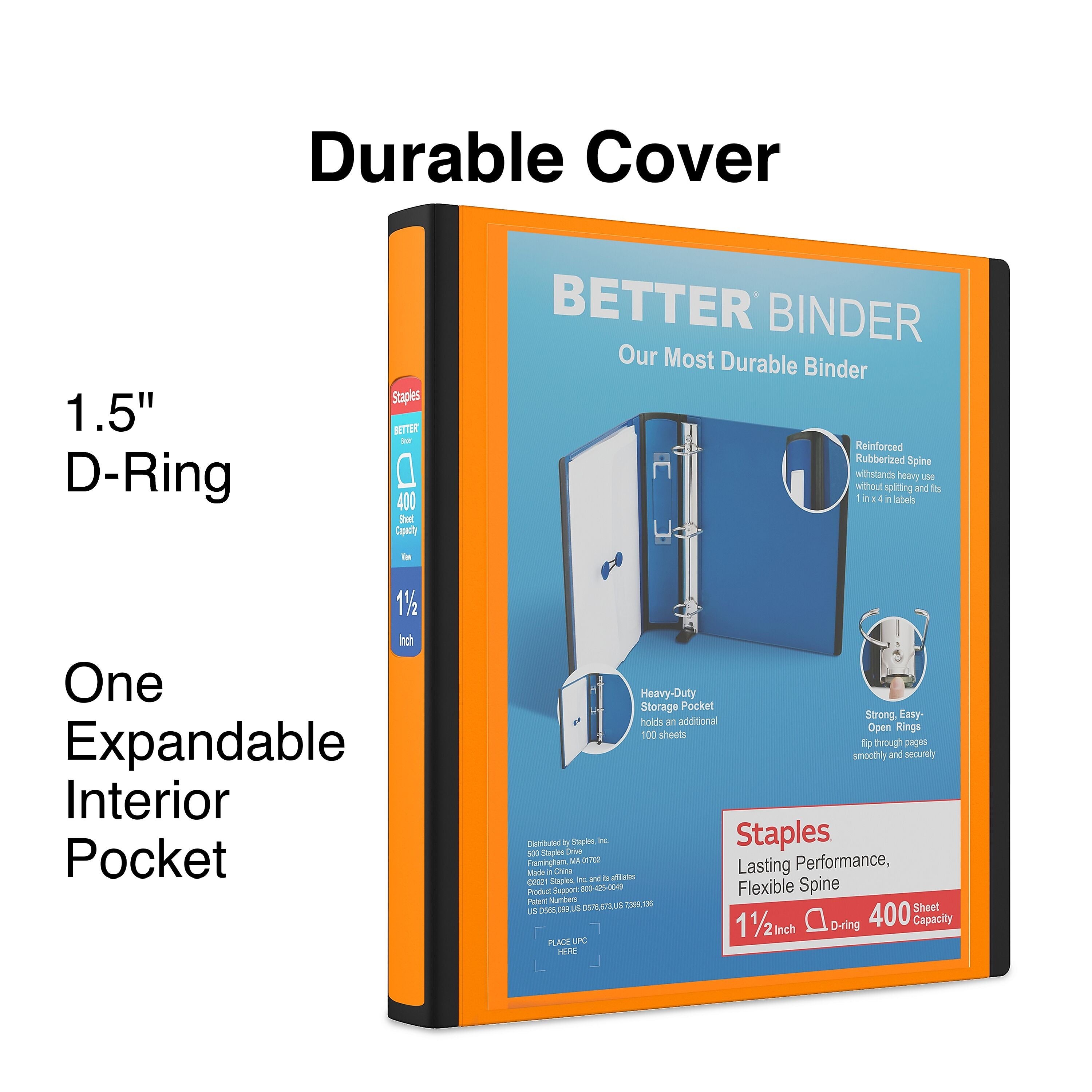 Staples 1 1/2" 3-Ring Better Binder, D-Ring, Orange