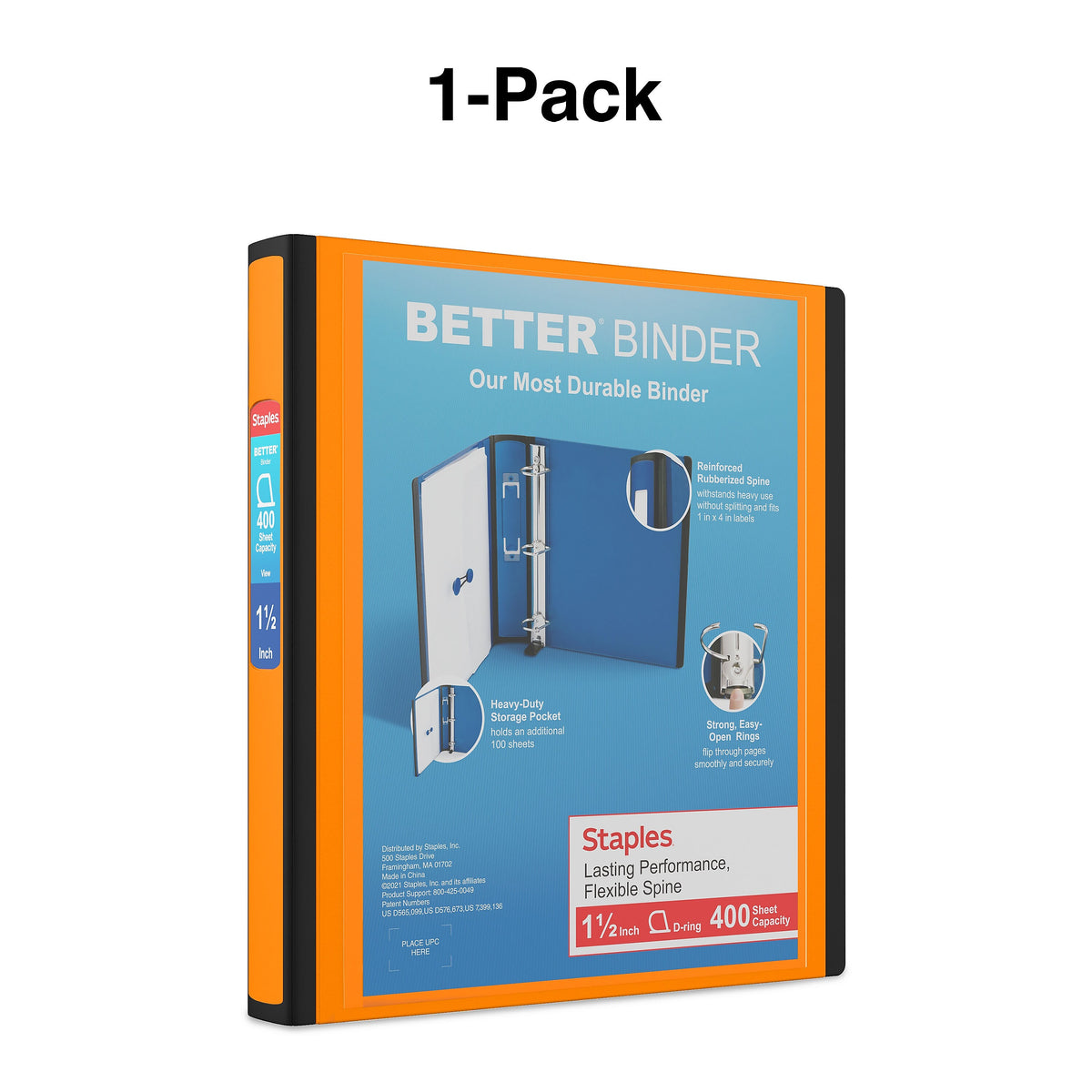 Staples 1 1/2" 3-Ring Better Binder, D-Ring, Orange