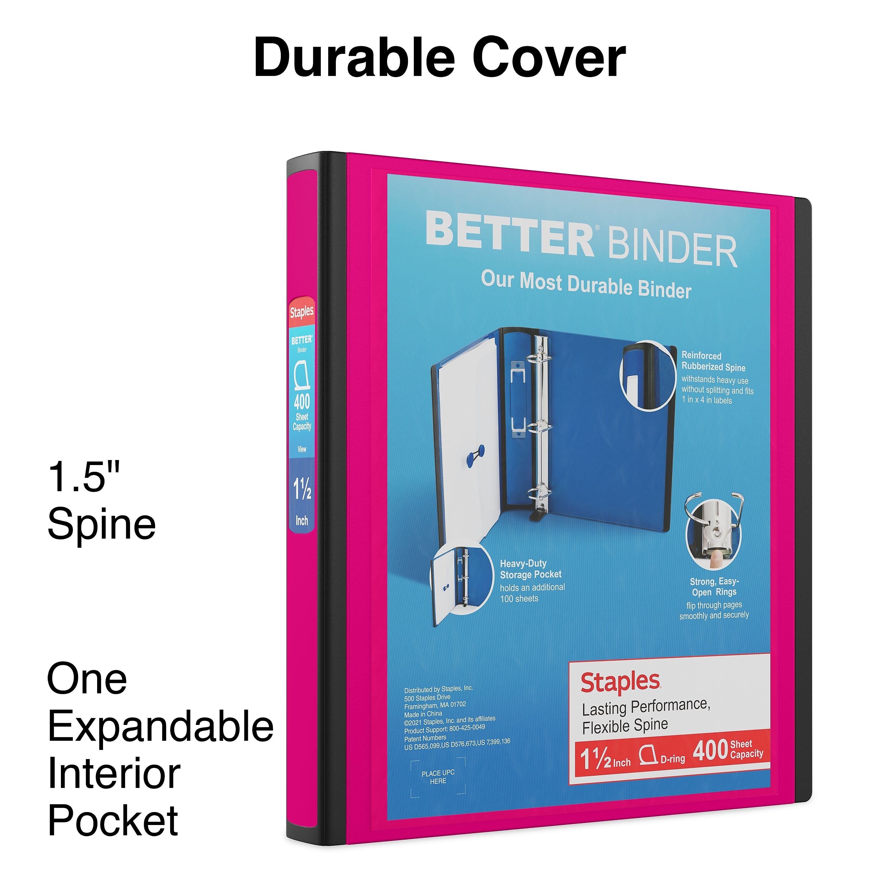 Staples 1 1/2" 3-Ring Better Binder, D-Ring, Pink