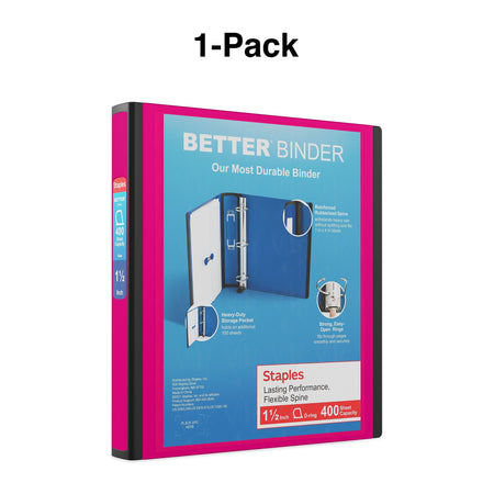 Staples 1 1/2" 3-Ring Better Binder, D-Ring, Pink