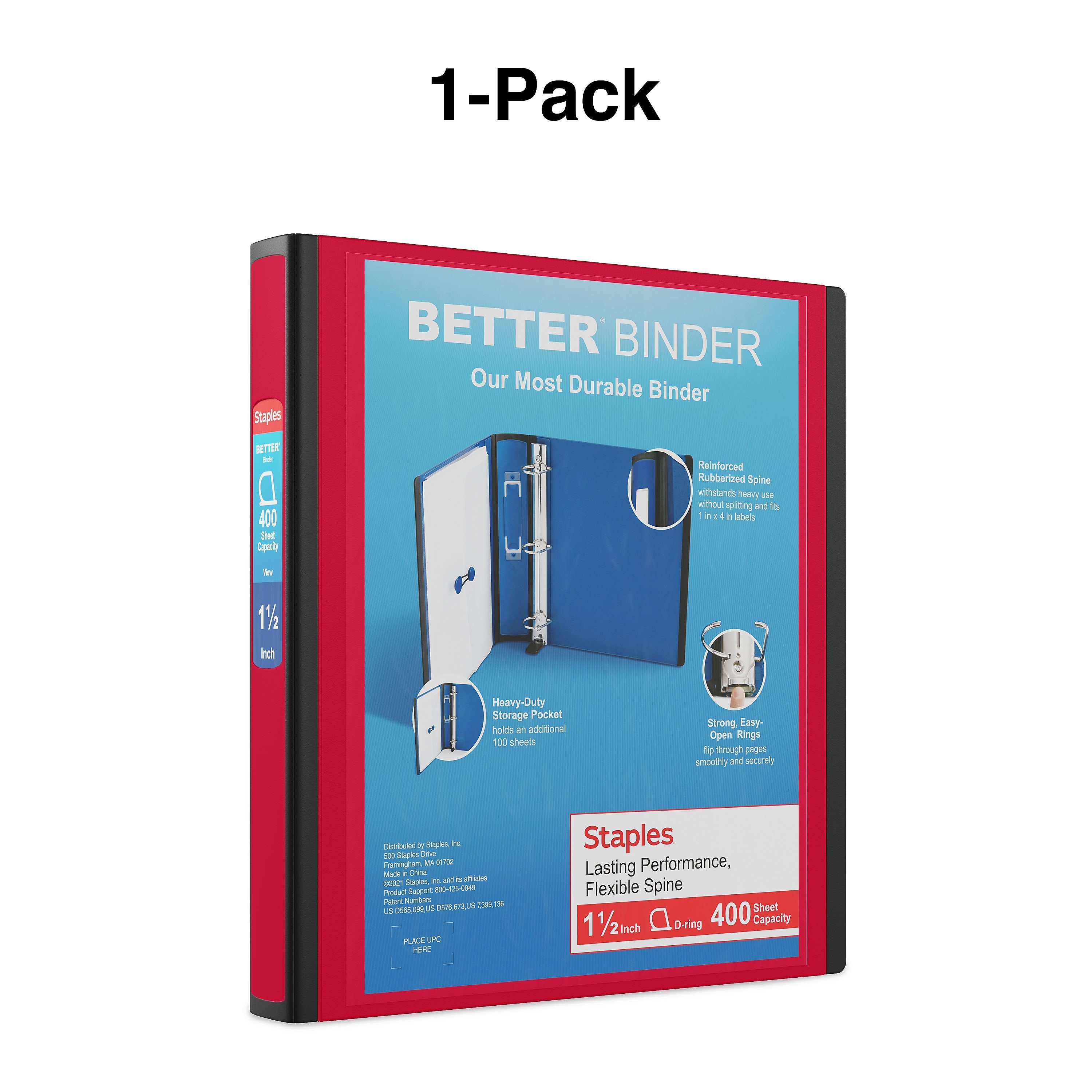 Staples 1 1/2" 3-Ring Better Binder, D-Ring, Red