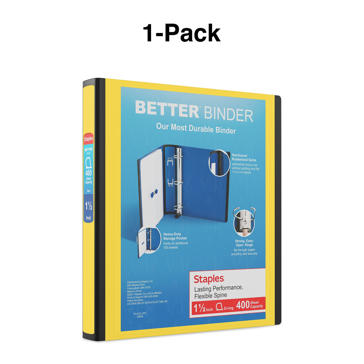 Staples 1 1/2" 3-Ring Better Binder, D-Ring, Yellow