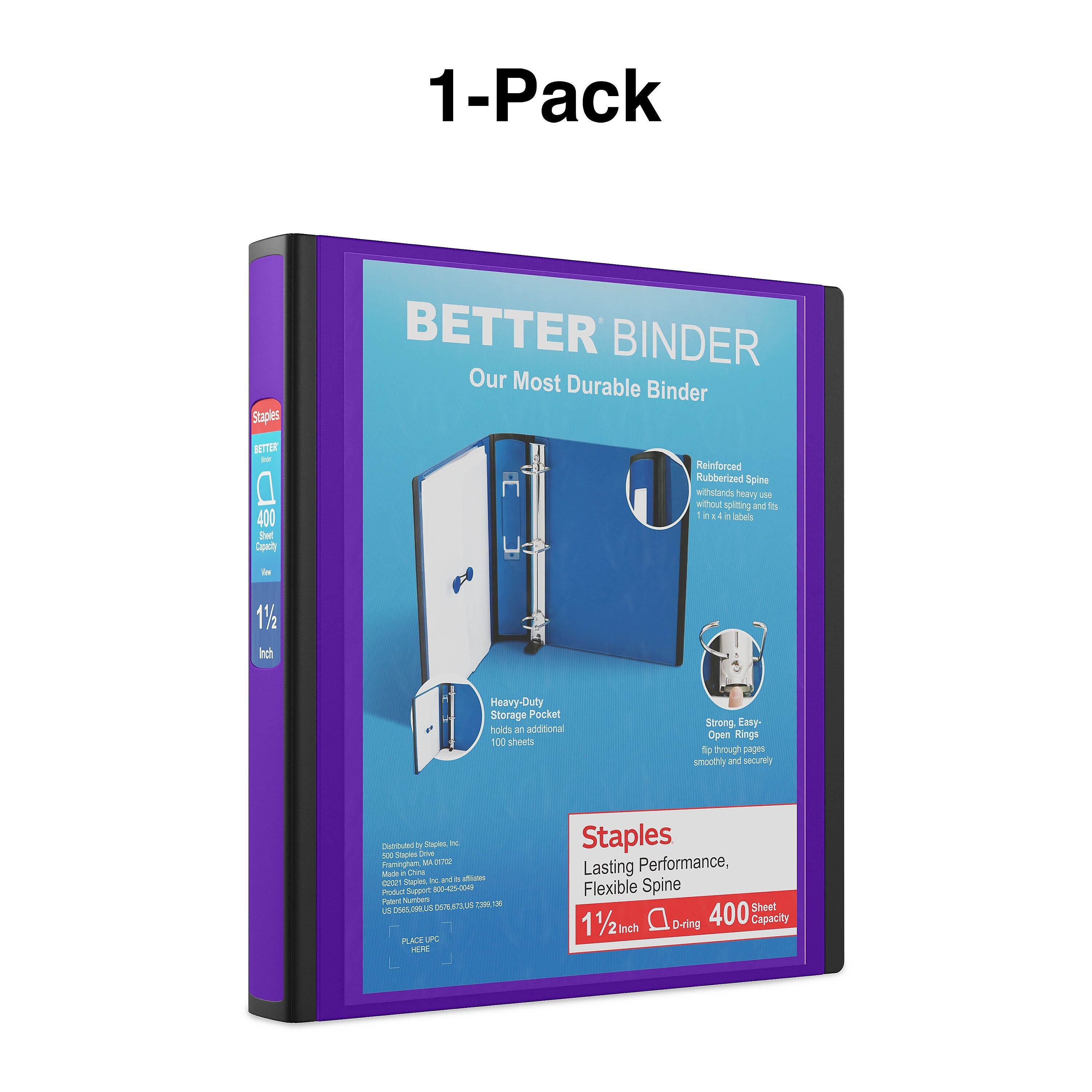 Staples 1 1/2" 3-Ring Better Binder, Purple