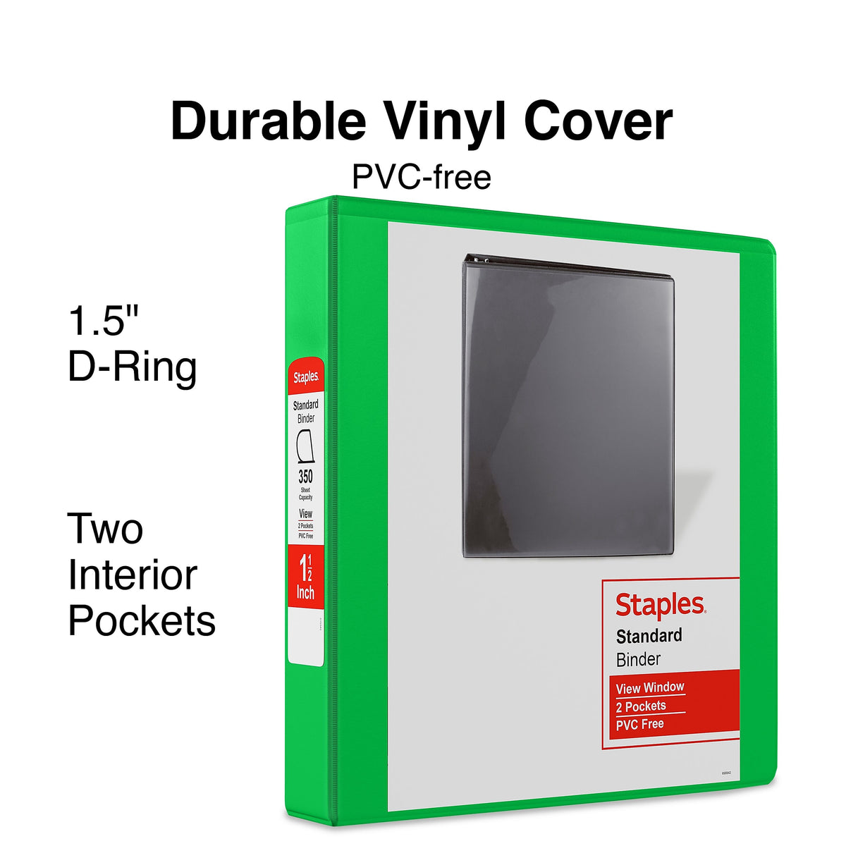 Staples 1 1/2" 3-Ring View Binders, D-Ring, Green