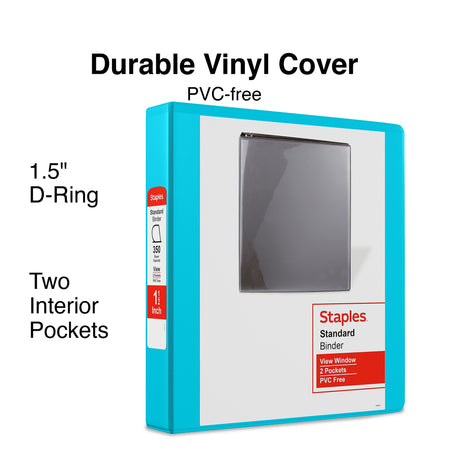 Staples 1 1/2" 3-Ring View Binders, D-Ring, Light Blue