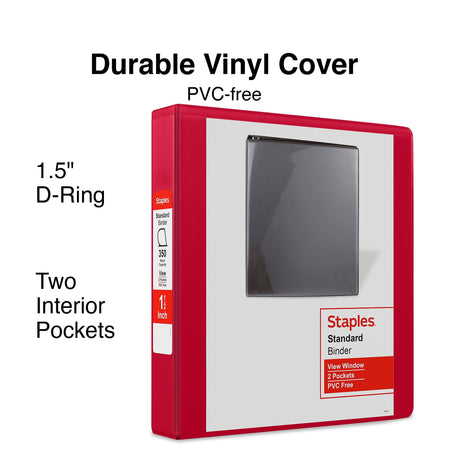 Staples 1 1/2" 3-Ring View Binders, D-Ring, Red