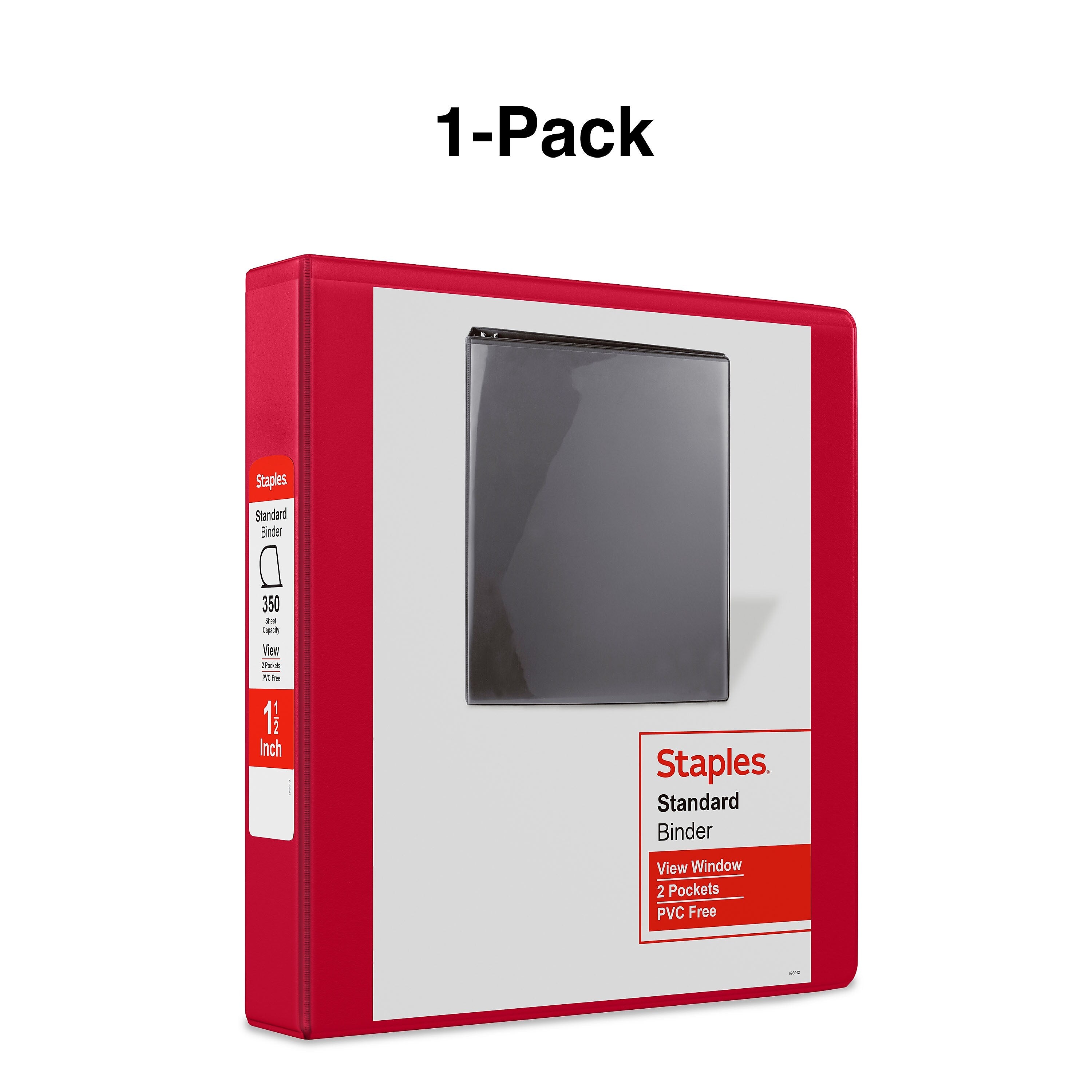 Staples 1 1/2" 3-Ring View Binders, D-Ring, Red