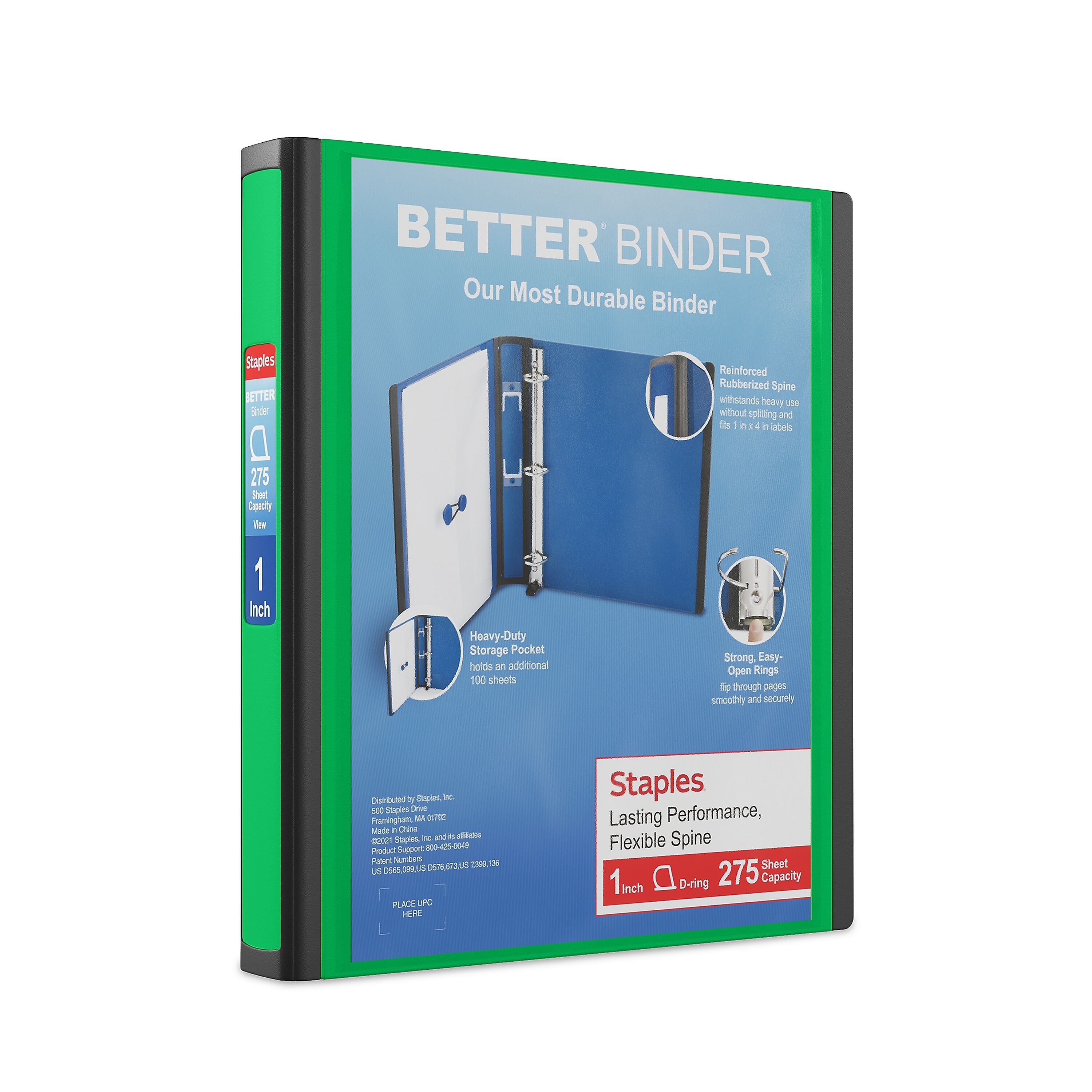 Staples 1" 3-Ring Better Binder, D-Ring, Green