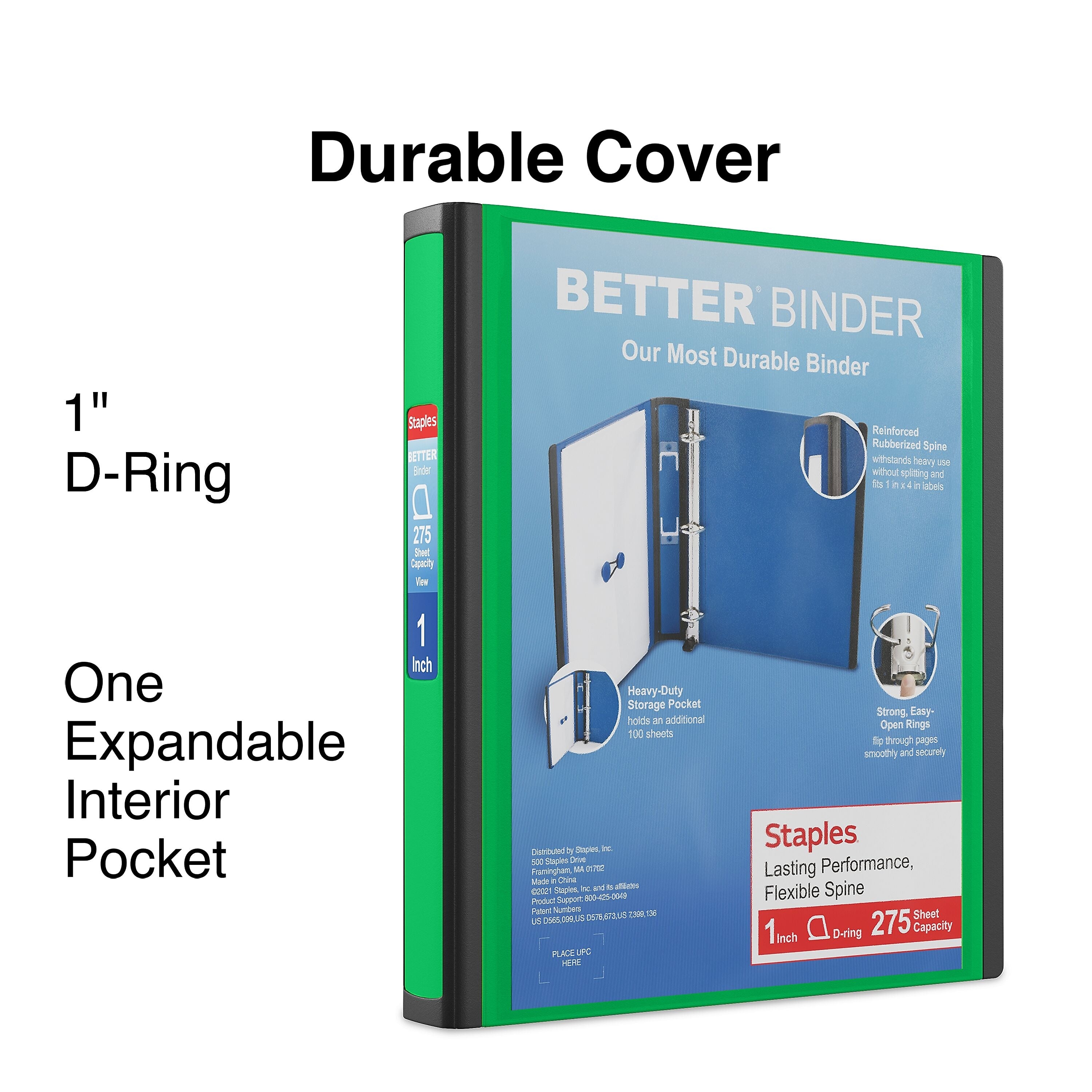 Staples 1" 3-Ring Better Binder, D-Ring, Green