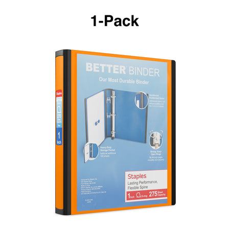 Staples 1" 3-Ring Better Binder, D-Ring, Orange