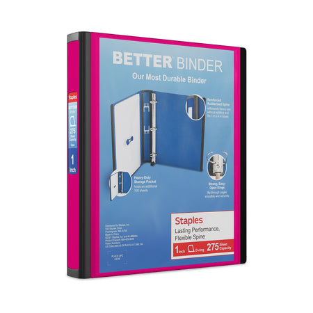 Staples 1" 3-Ring Better Binder, D-Ring, Pink