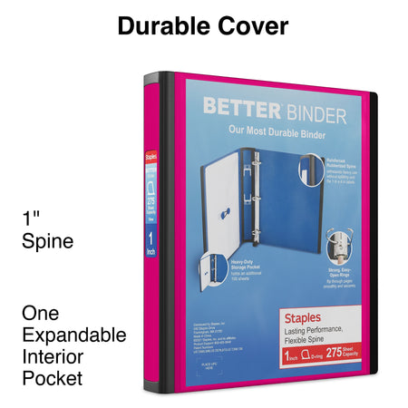 Staples 1" 3-Ring Better Binder, D-Ring, Pink