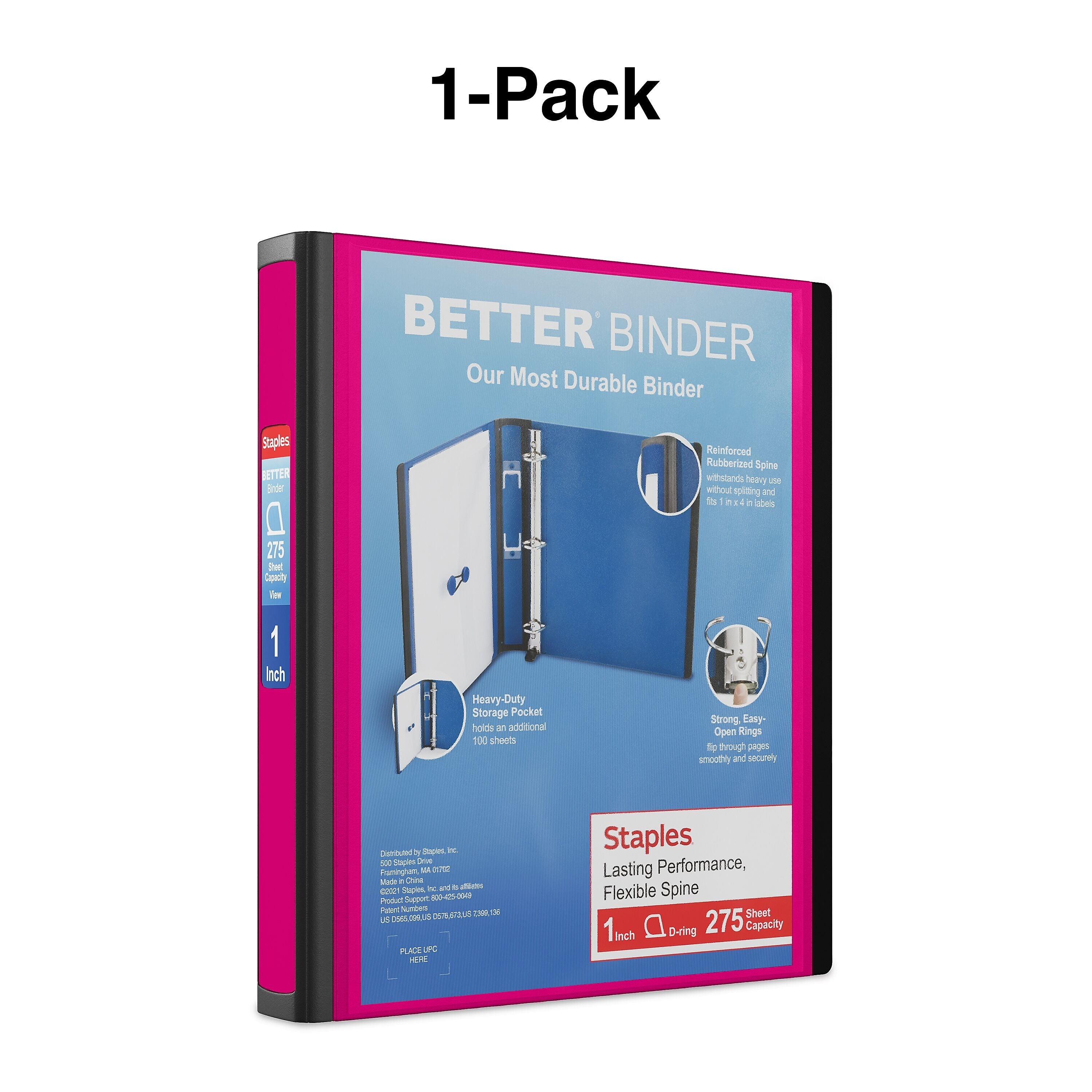 Staples 1" 3-Ring Better Binder, D-Ring, Pink