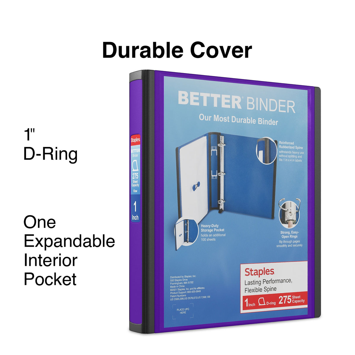 Staples 1" 3-Ring Better Binder, D-Ring, Purple