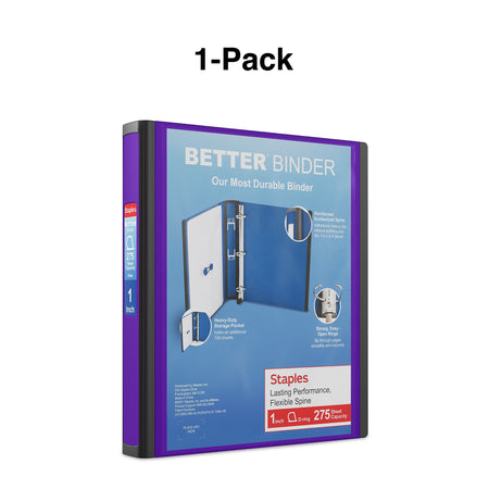 Staples 1" 3-Ring Better Binder, D-Ring, Purple