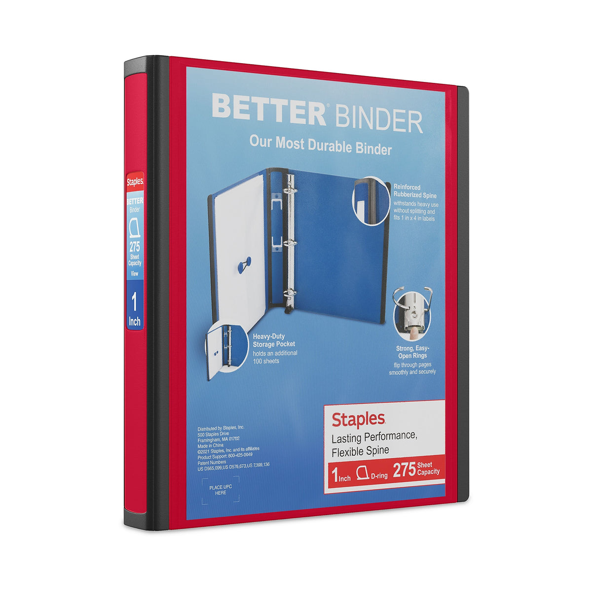 Staples 1" 3-Ring Better Binder, D-Ring, Red