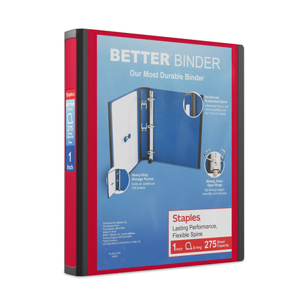 Staples 1" 3-Ring Better Binder, D-Ring, Red