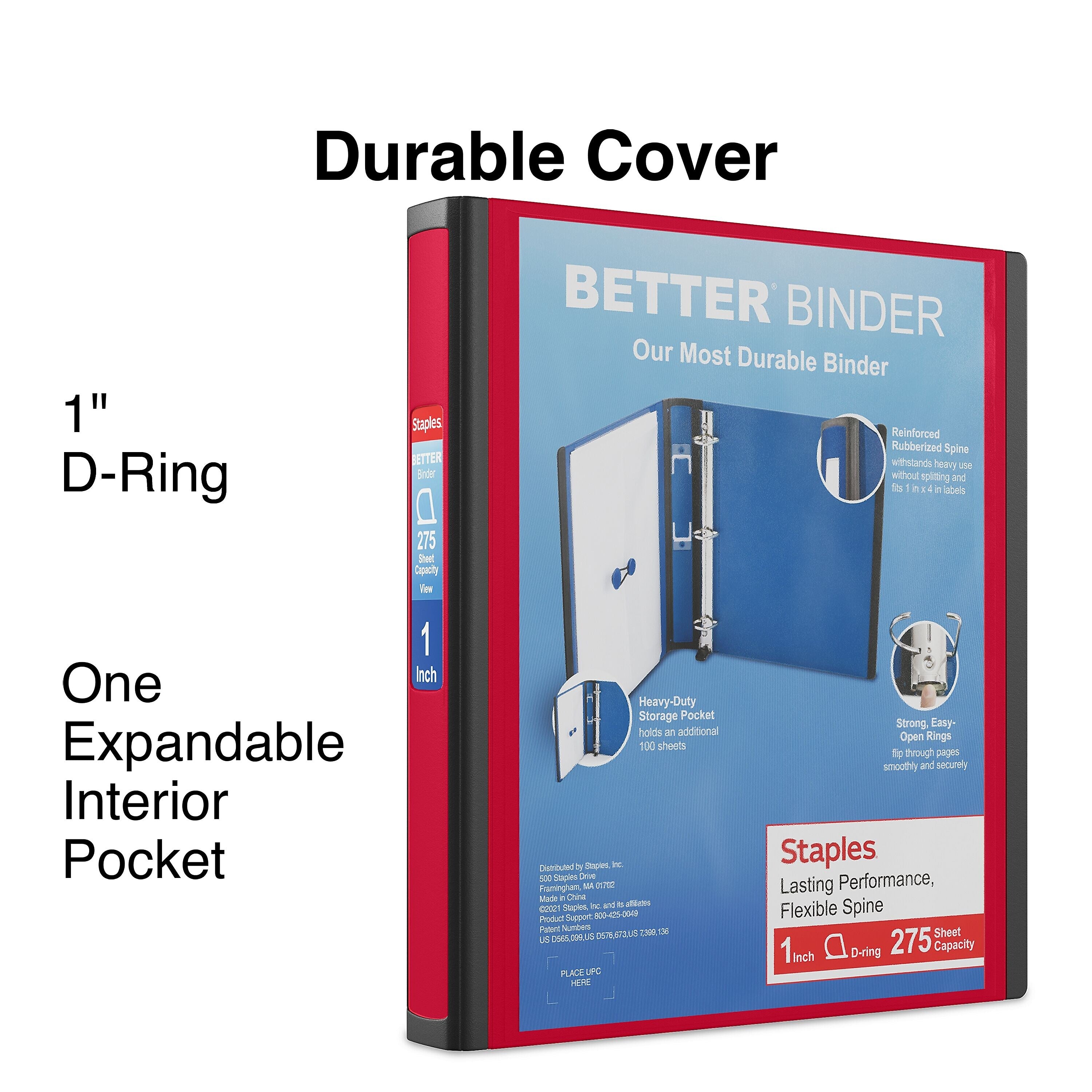 Staples 1" 3-Ring Better Binder, D-Ring, Red