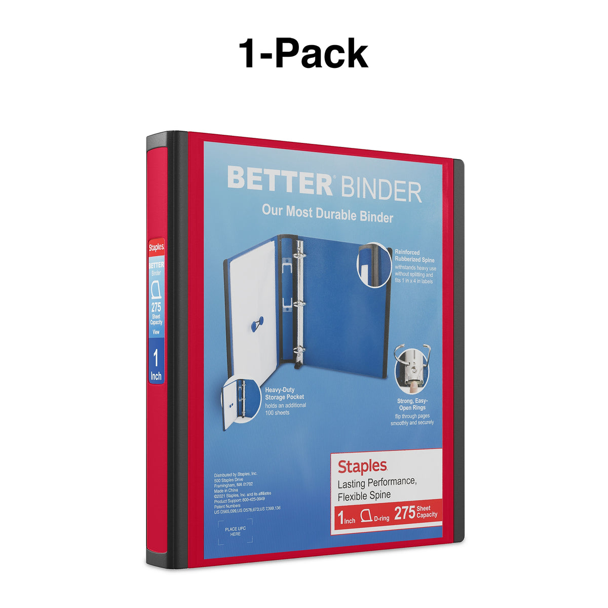 Staples 1" 3-Ring Better Binder, D-Ring, Red