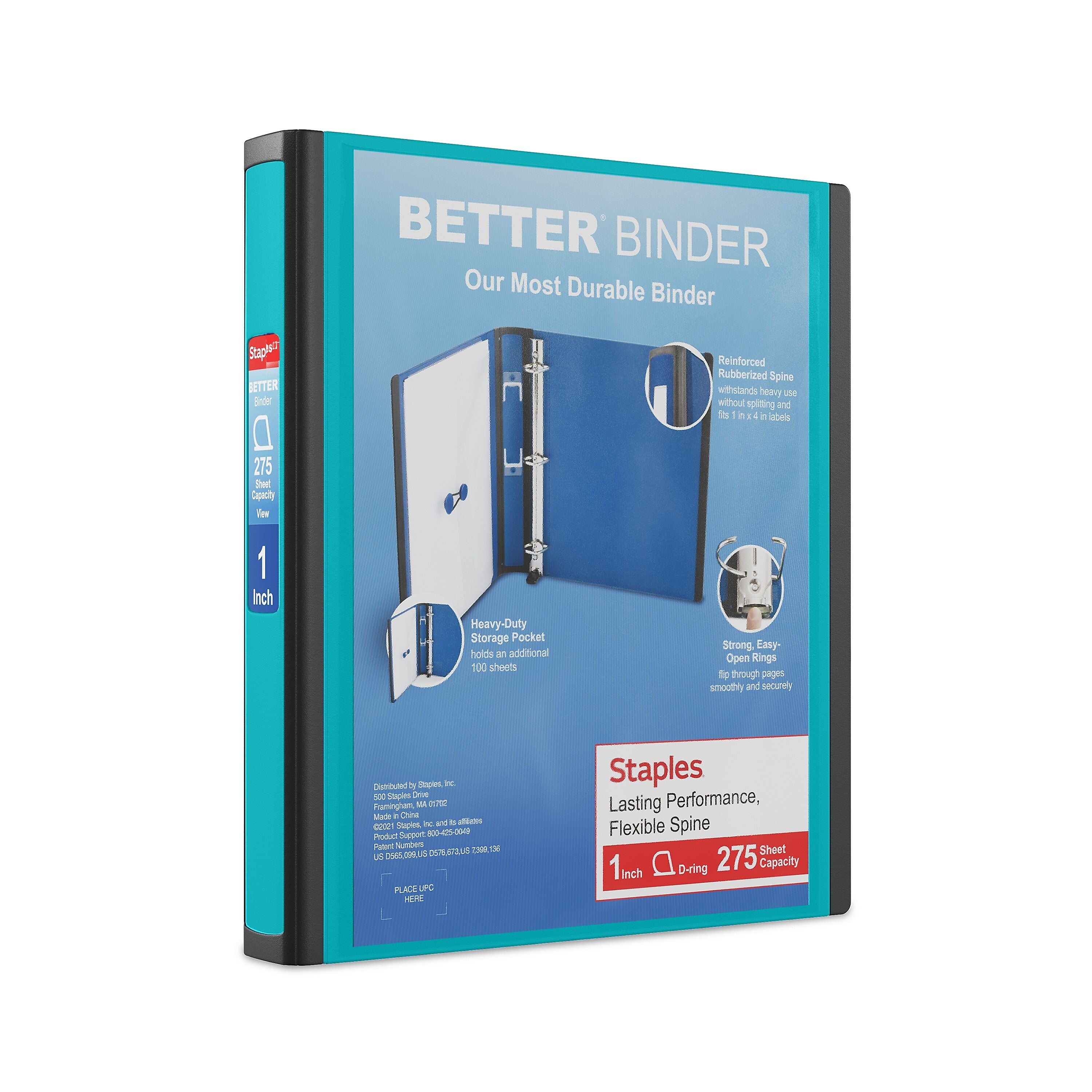 Staples 1" 3-Ring Better Binder, D-Ring, Teal