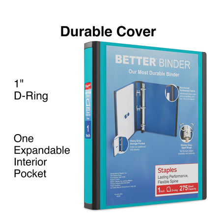 Staples 1" 3-Ring Better Binder, D-Ring, Teal