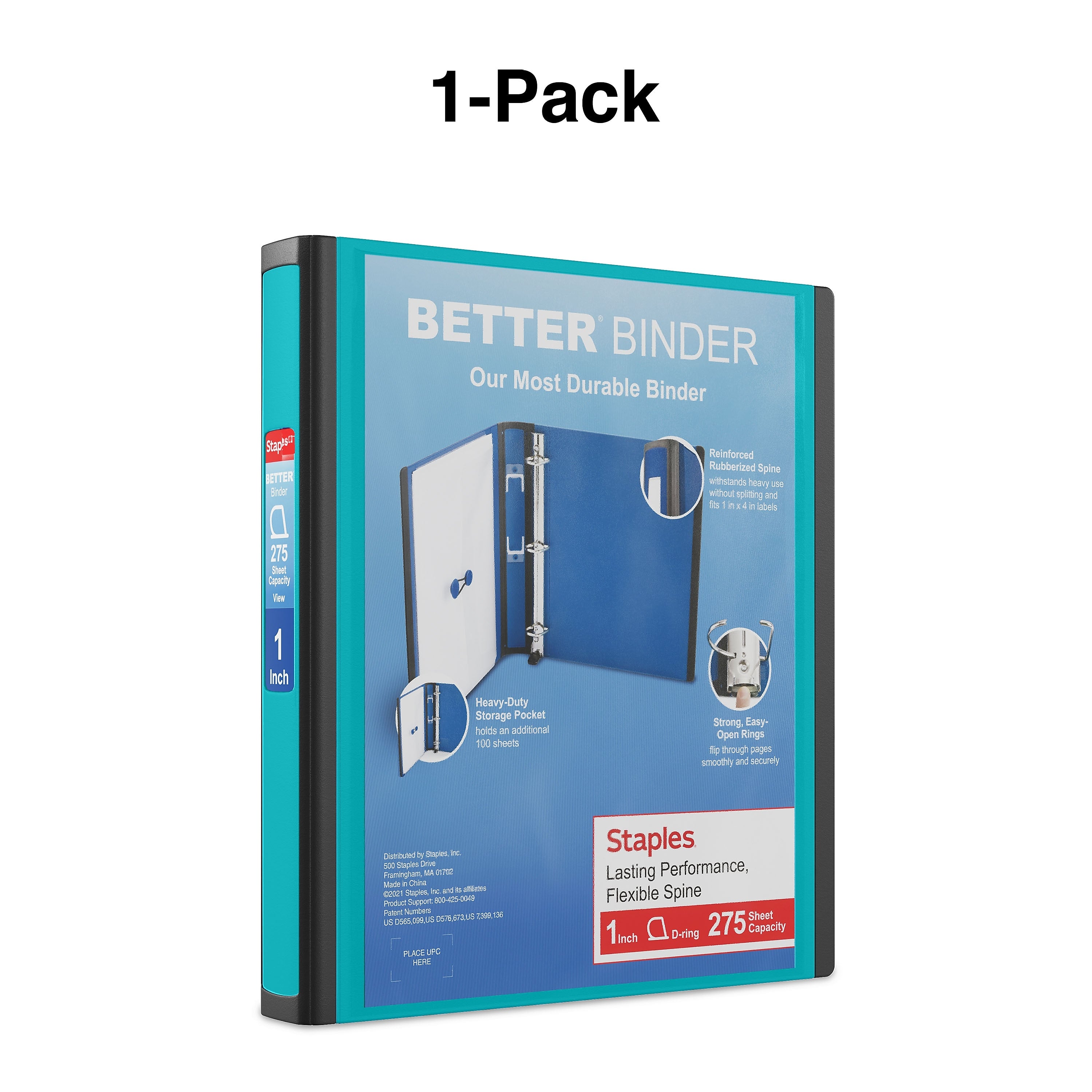 Staples 1" 3-Ring Better Binder, D-Ring, Teal