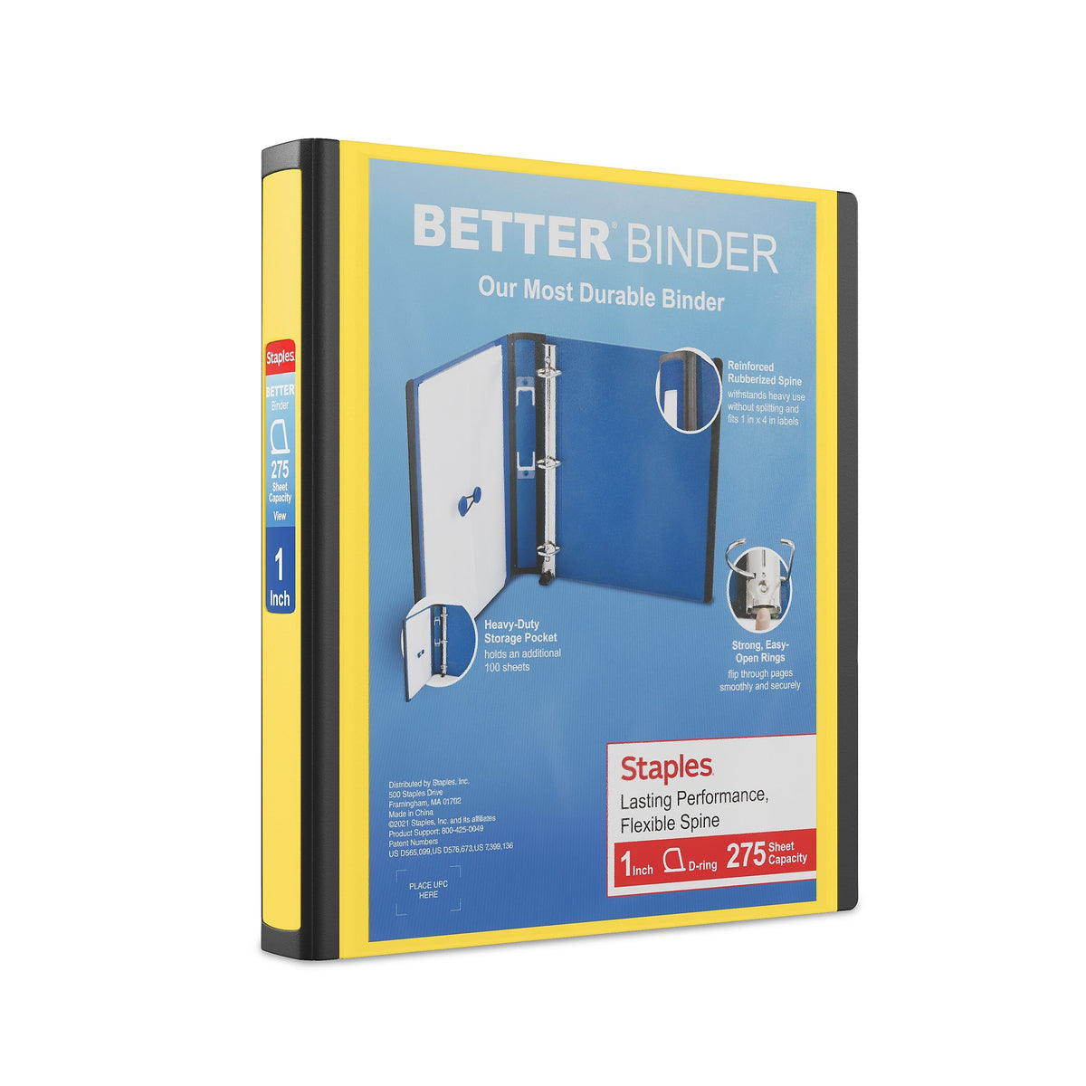 Staples 1" 3-Ring Better Binder, D-Ring, Yellow