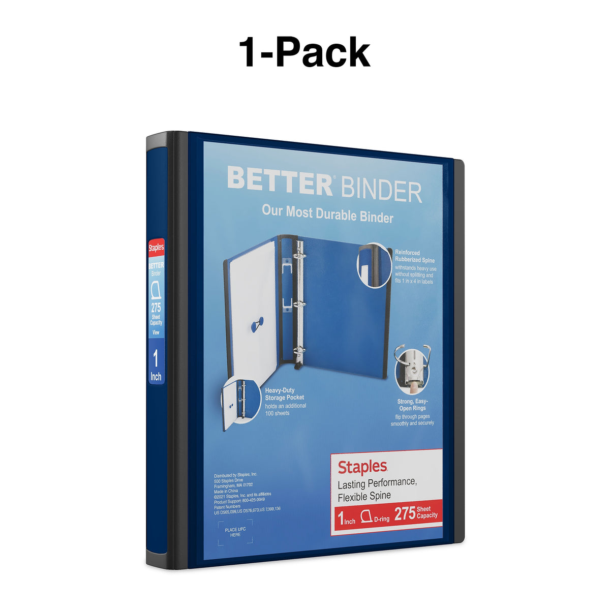 Staples 1" 3-Ring Better Binder, Slant Ring, Navy Blue