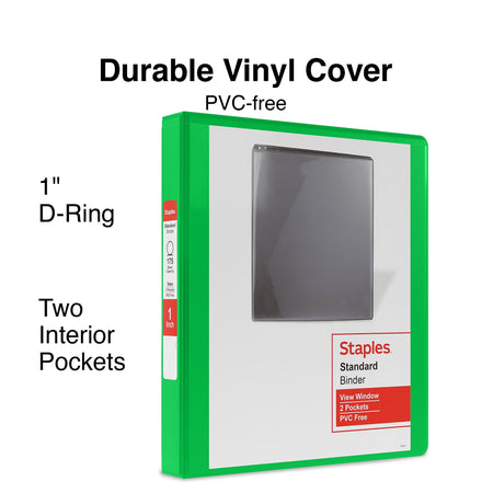 Staples 1" 3-Ring View Binders, D-Ring, Green